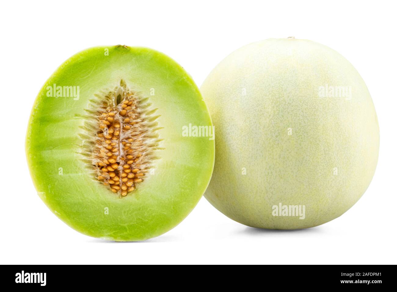 Frischer Honigtau oder Melonenschnur auf weißem Grund isoliert mit Beschneidungspfad Stockfoto