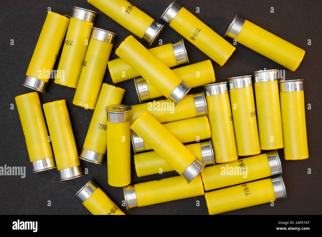 Gelb 20 gauge Shotgun shells auf schwarzen Hintergrund isoliert. Stockfoto