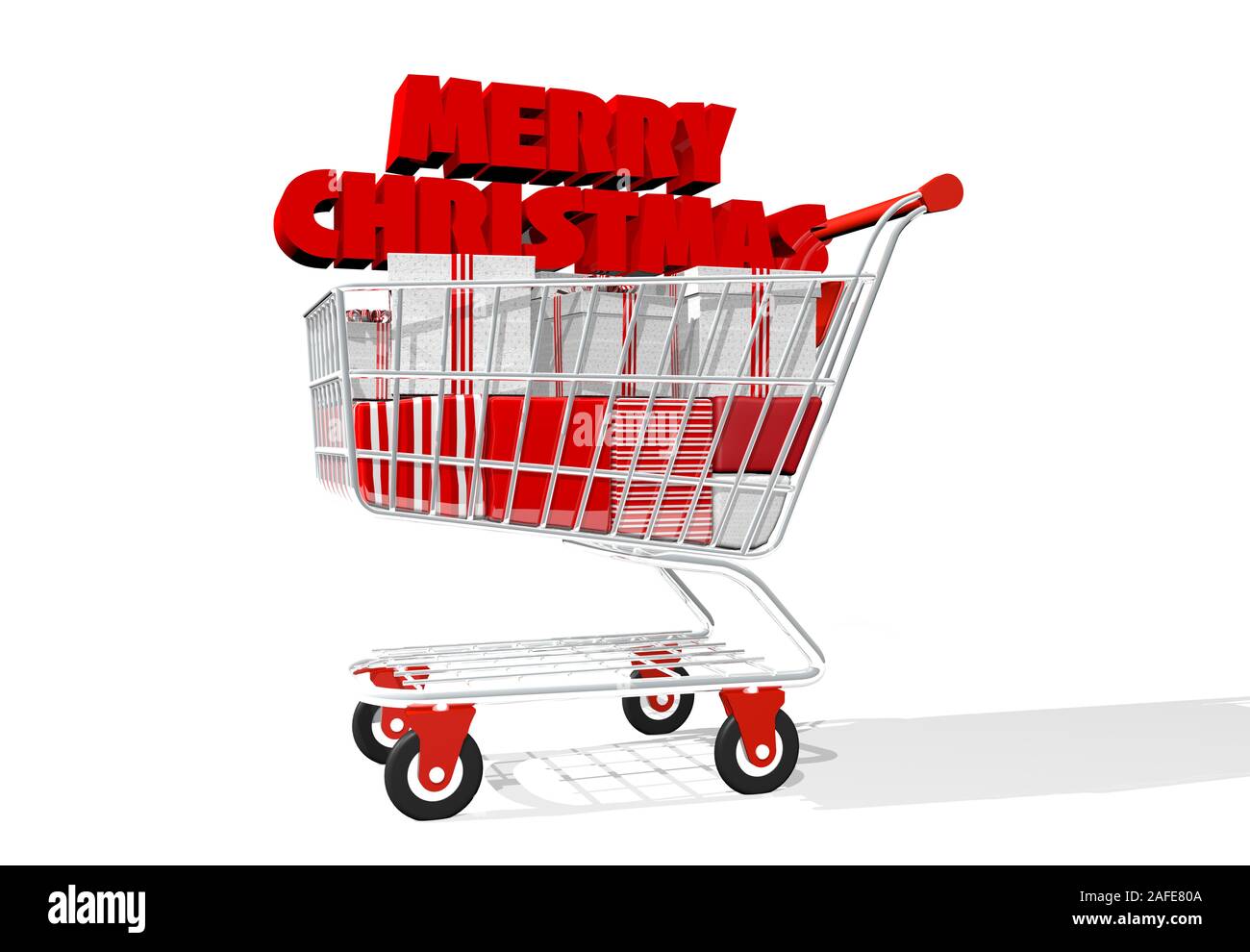 Profil Ansicht von Unten Der Warenkorb voll von weißen und roten Geschenkboxen mit dem Titel Frohe Weihnachten in dicken roten Lettern auf Geschenke auf whi isoliert Stockfoto