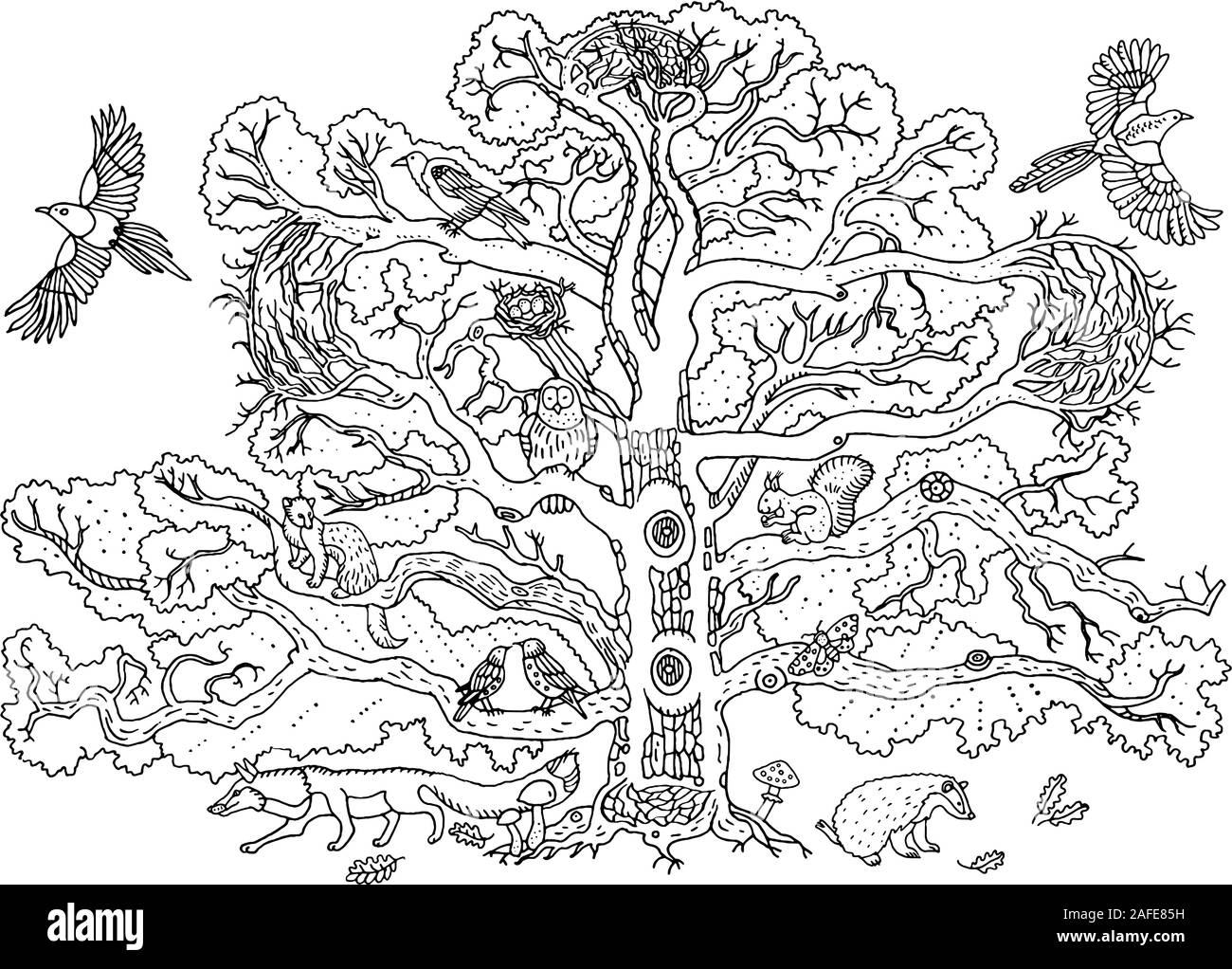 Süße Tiere auf der Eiche Baum: Magpie, Krähe, Eule, starling, Frettchen, Eichhörnchen, Dachs, Fuchs. Zweige, Blätter und Pilze. Umwelt, Natur. Hand d Stock Vektor