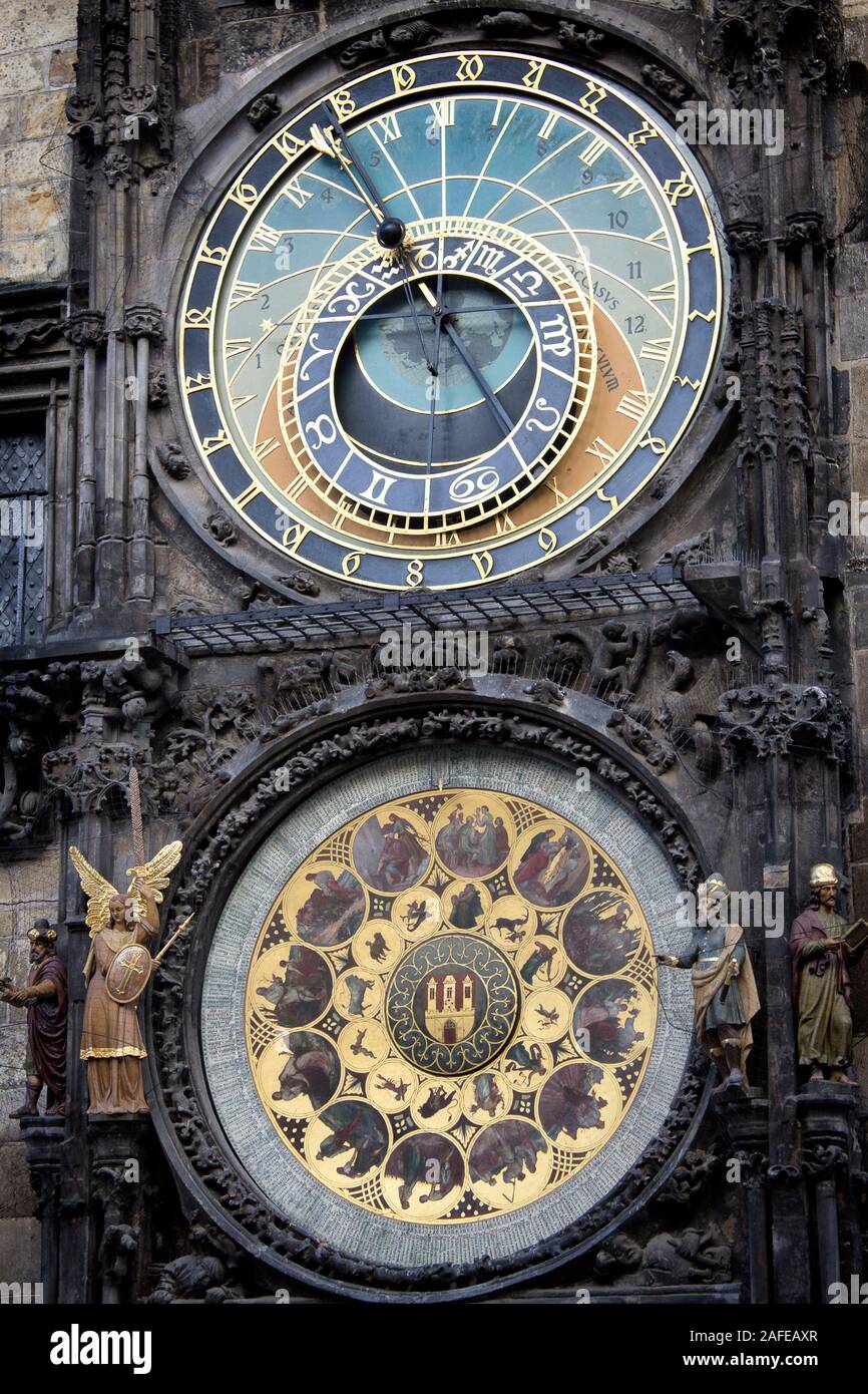 Nahaufnahme der Astronomische Uhr in Prag Stockfoto