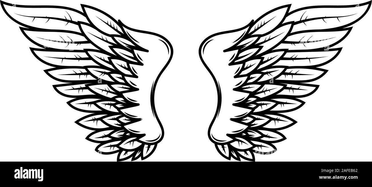 Abbildung: Flügel im Tattoo Style auf weißem Hintergrund. Design Element für Logo, Etiketten, Abzeichen, sign. Vector Illustration Stock Vektor