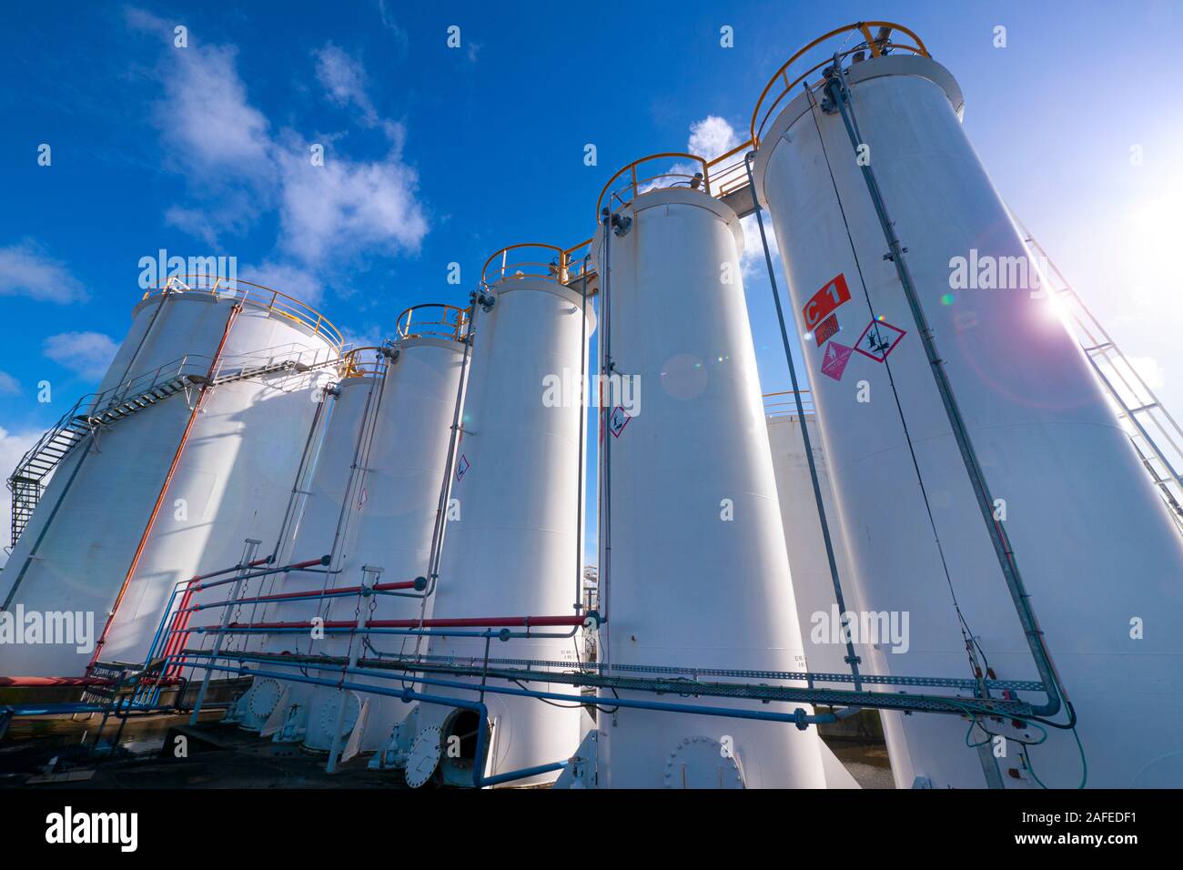 Die "Tanklager", Wynyard Point industrial Lagerbereich auf Aucklands Waterfront. Hafen von Auckland, Neuseeland. Stockfoto