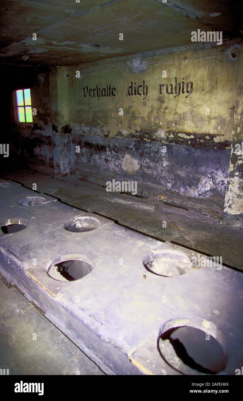 Wc Barak im WW2 consentration Lager Auschwitz II-Birkenau. Jede prisinor hatte 20 Sekunden täglich auf der Toilette zu verbringen. Stockfoto