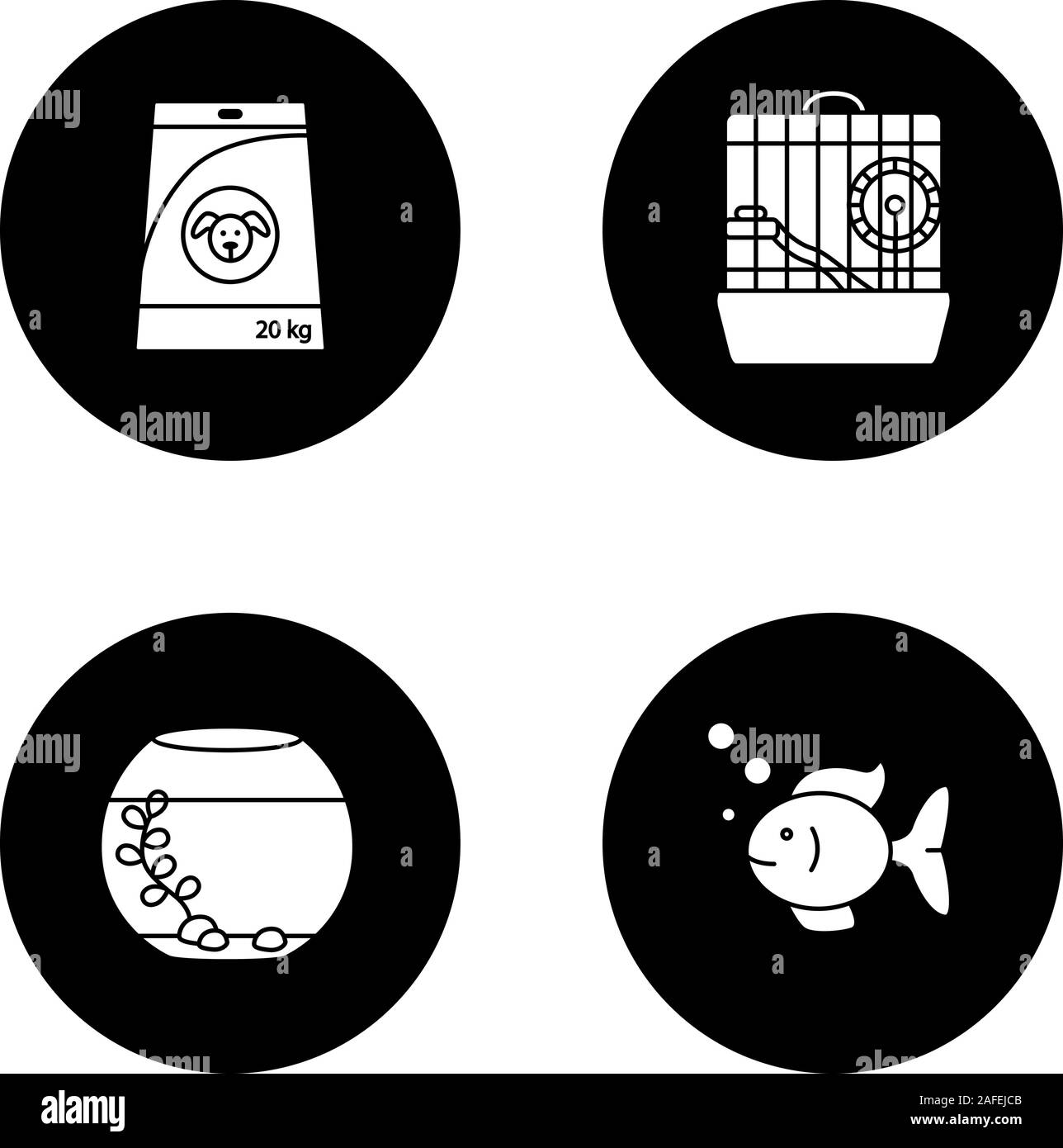 Haustiere liefert Glyphe Symbole gesetzt. Das Hundefutter, Aquarium, Fische, Hamster Käfig. Vektor weisse Silhouetten Abbildungen in schwarzen Kreisen Stock Vektor