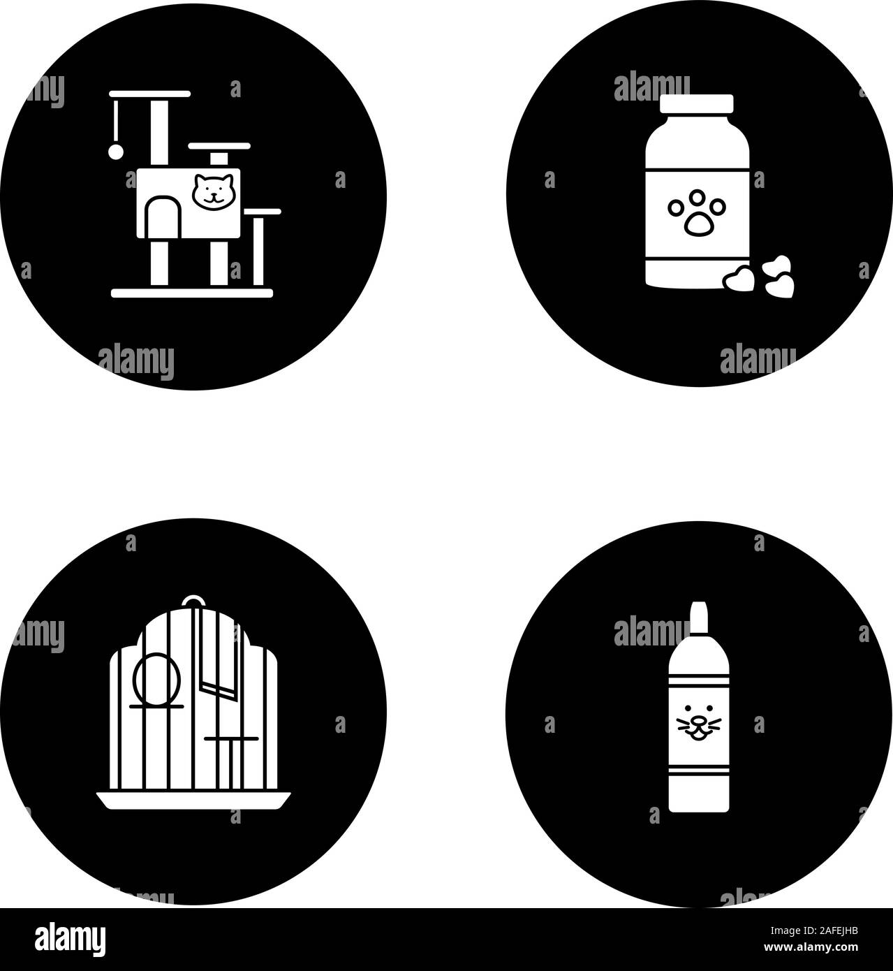 Haustiere liefert Glyphe Symbole gesetzt. Cat Tree House, Veterinärmedizin, Vogelkäfig, Haustiere Shampoo. Vektor weisse Silhouetten Abbildungen in schwarzen Kreisen Stock Vektor