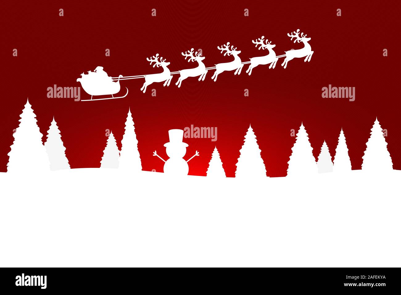 Santa Claus ist Fliegen mit einem Rentier Team im Wald mit Weihnachtsbäumen Stock Vektor