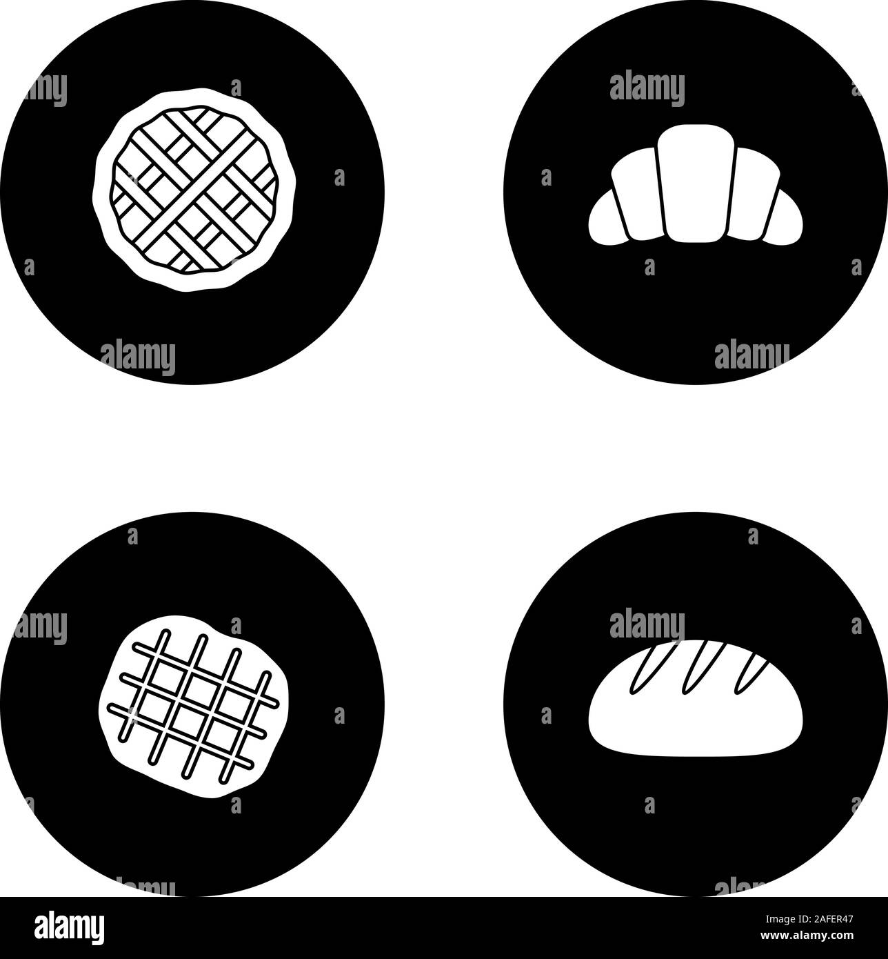 Bäckerei Glyphe Symbole gesetzt. Kuchen, Croissants, belgischen Waffeln, runde Brot. Vektor weisse Silhouetten Abbildungen in schwarzen Kreisen Stock Vektor