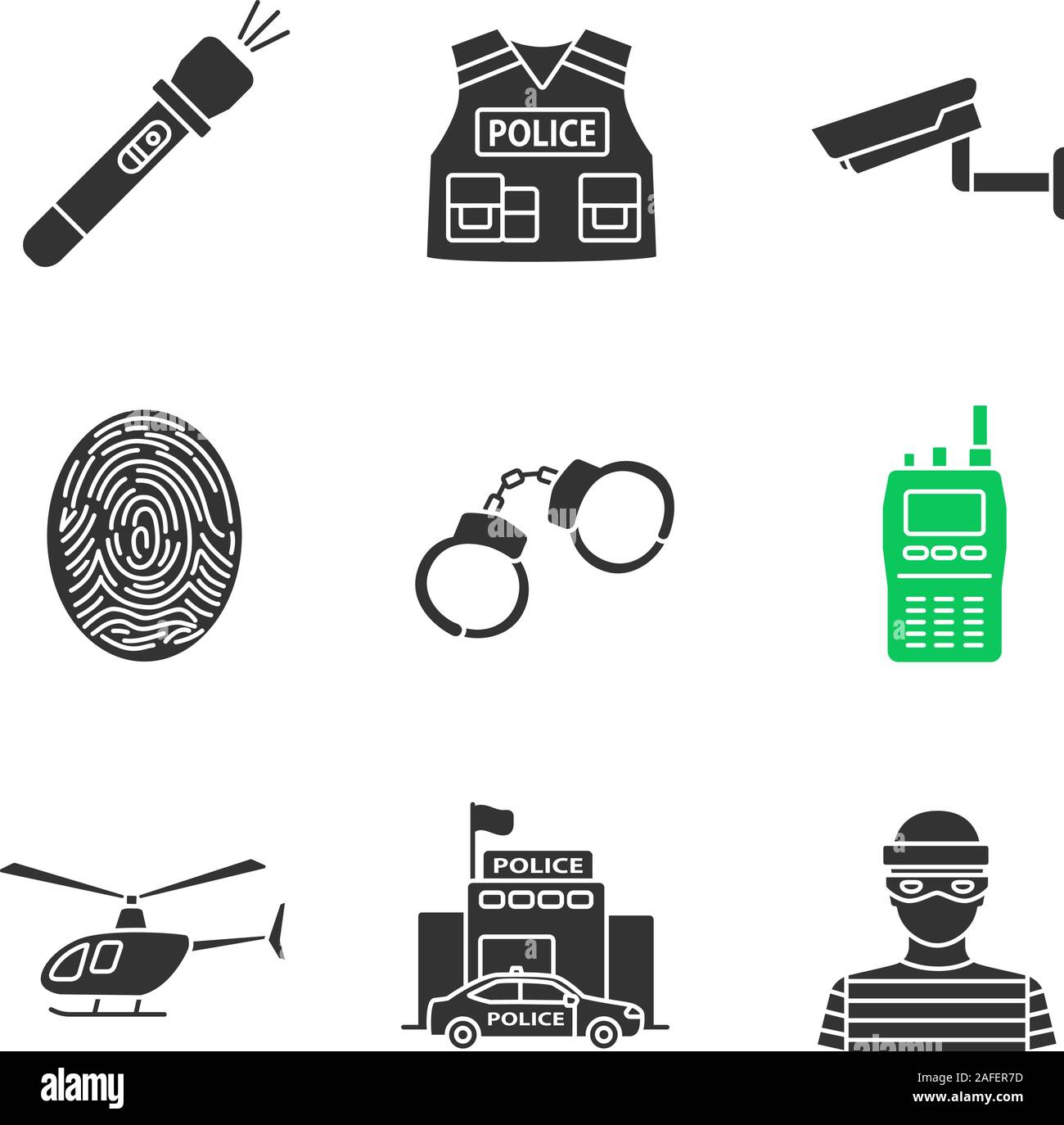 Polizei Glyphe Symbole gesetzt. Taschenlampe, kugelsichere Weste, Überwachungskamera, Fingerabdruck, Handschellen, walkie talkie, Hubschrauber, Polizei, Räuber. Stock Vektor