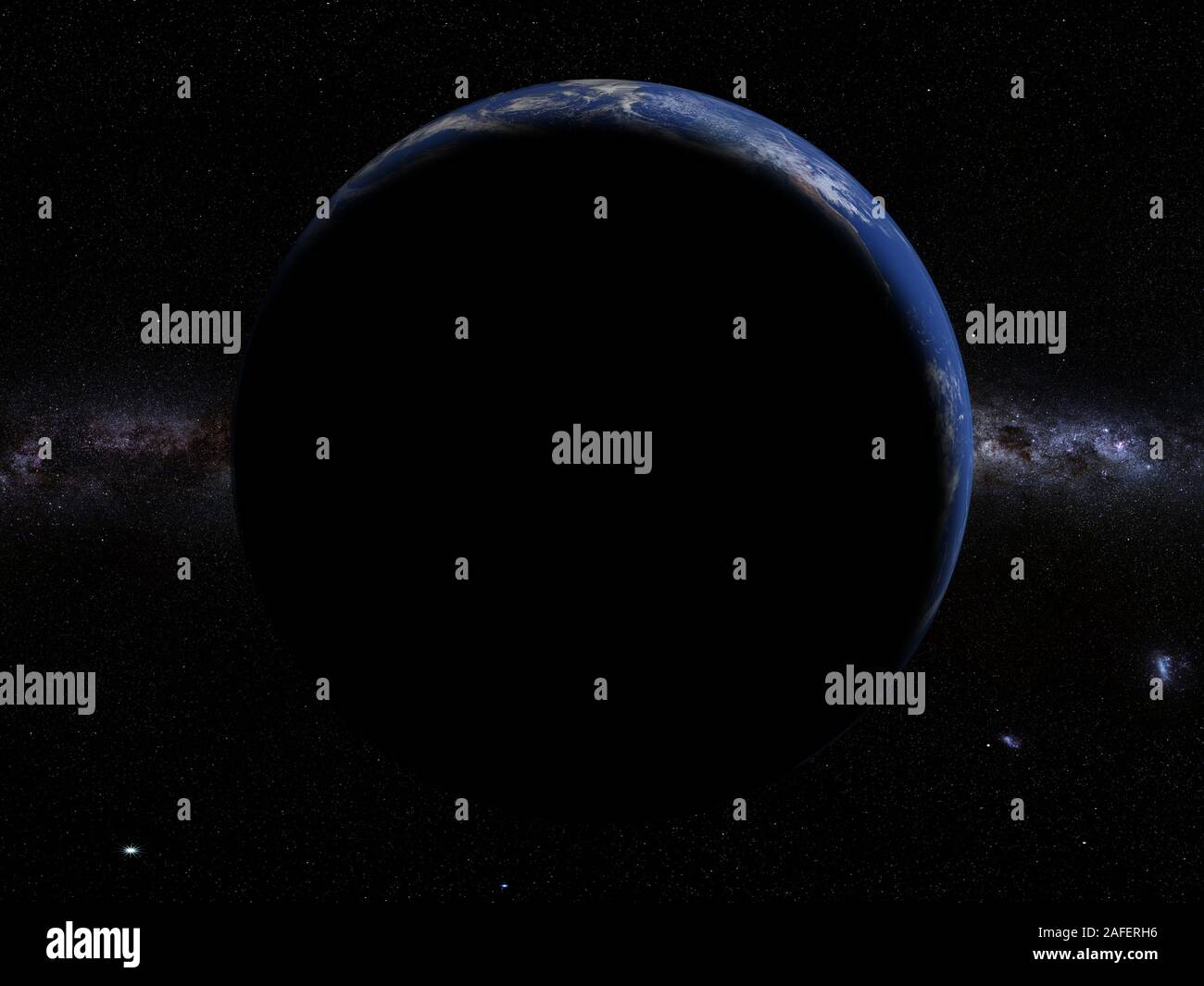 Sonnenaufgang über dem Planeten Erde, Milchstraße im Hintergrund Stockfoto