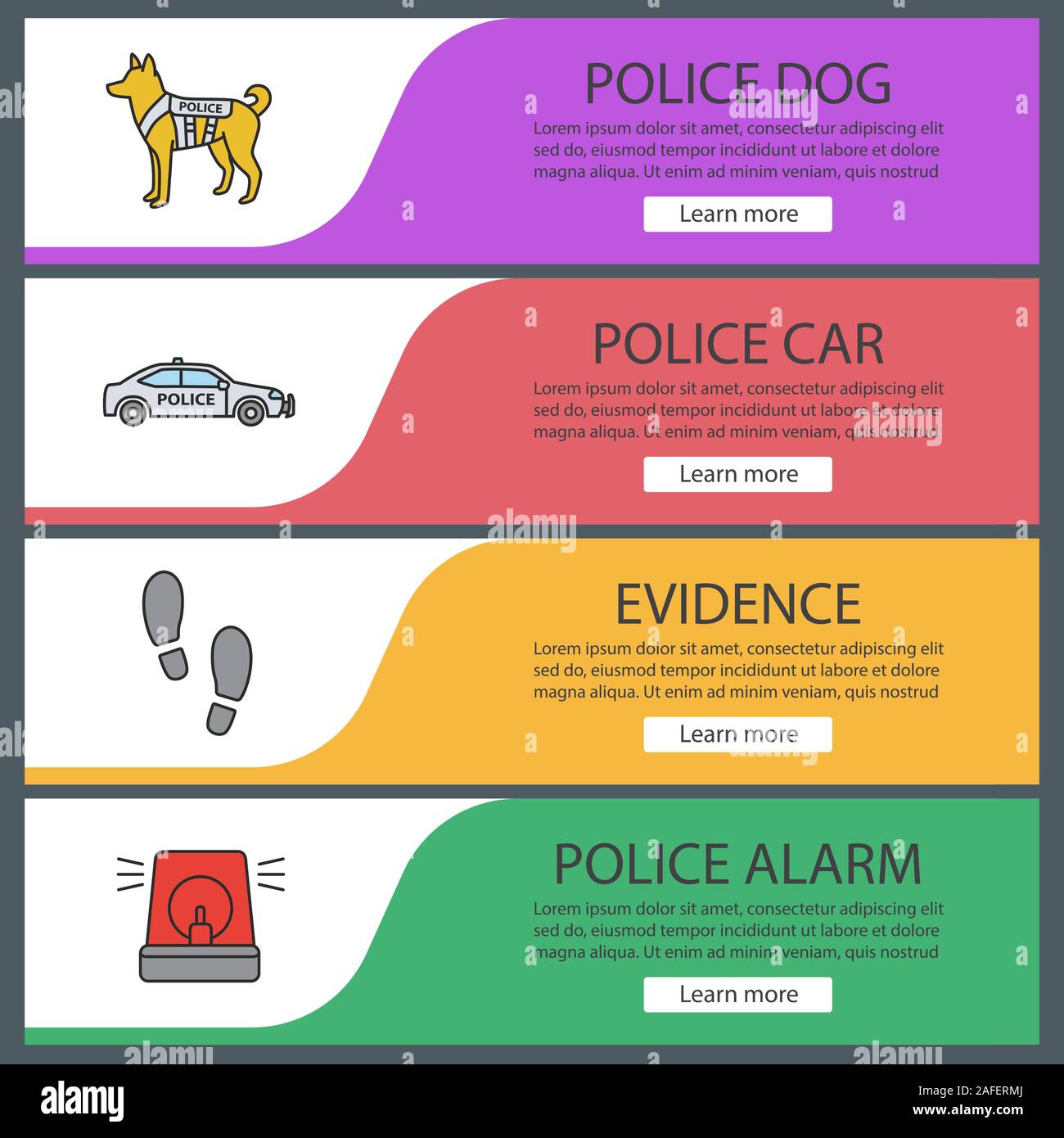 Polizei Web Banner Vorlagen eingestellt. Militärische Hund, Auto, Footprints, Alarm. Website Farbe Menüpunkte. Vektor header Design Konzepte Stock Vektor