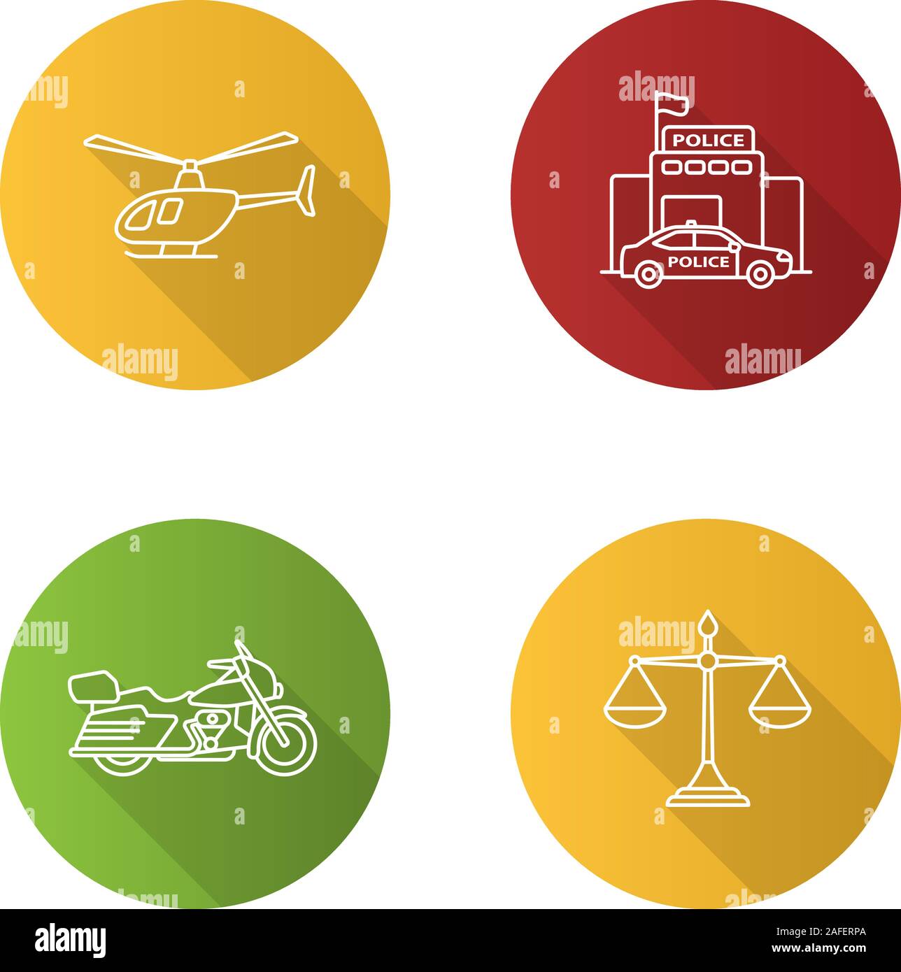 Polizei Flachbild lineare lange Schatten Symbole gesetzt. Hubschrauber-, Motorrad-, Justiz-, Polizei. Vektor Kontur Abbildung Stock Vektor
