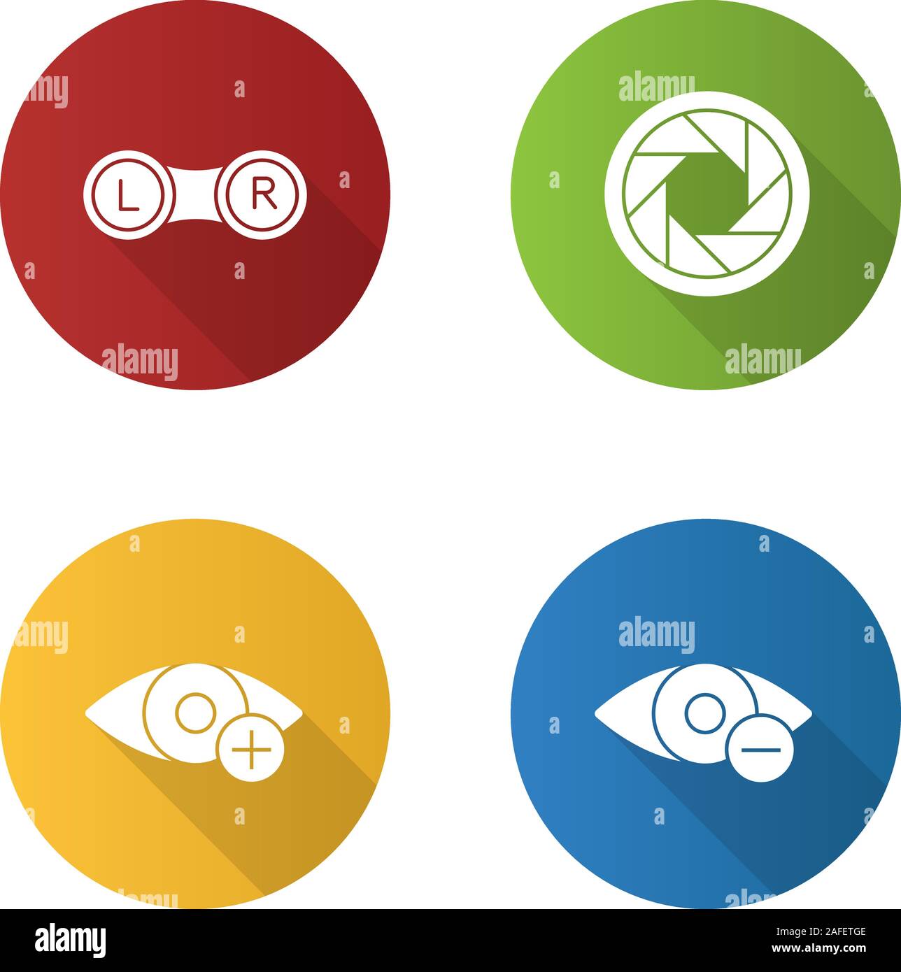 Ophtalmology flache Bauweise lange Schatten Glyphe Symbole gesetzt. Kontaktlinsen, Membran, Myopie, Hyperopie. Vektor silhouette Abbildung Stock Vektor