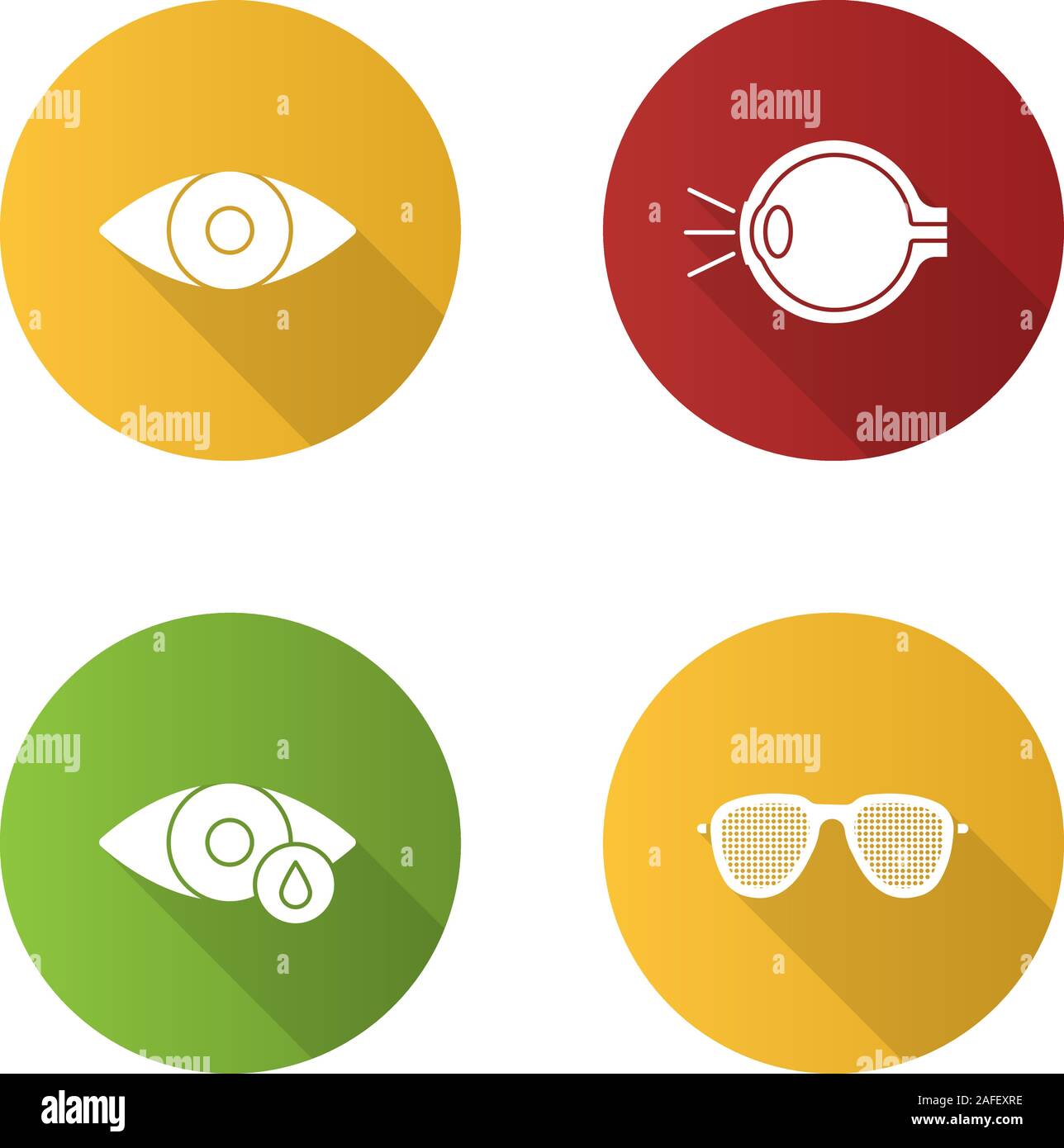 Ophtalmology flache Bauweise lange Schatten Glyphe Symbole gesetzt. Menschliche Auge Anatomie, Tropfen, pinhole Gläser. Vektor silhouette Abbildung Stock Vektor