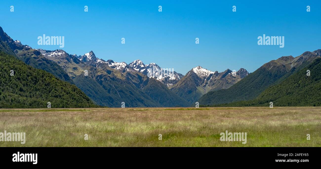 Knöpfe flachen Grasland und Südlichen Alpen Neuseelands State Highway 94, als Milford Road bekannt Stockfoto