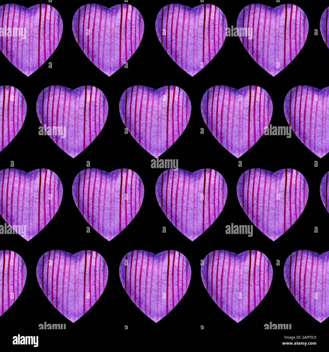 Nahtlose Muster mit Aquarell Herzen. Zarte lila Herzen mit Papier Textur mit geraden violette Linien auf schwarzem Hintergrund. Für wedding invit Stockfoto