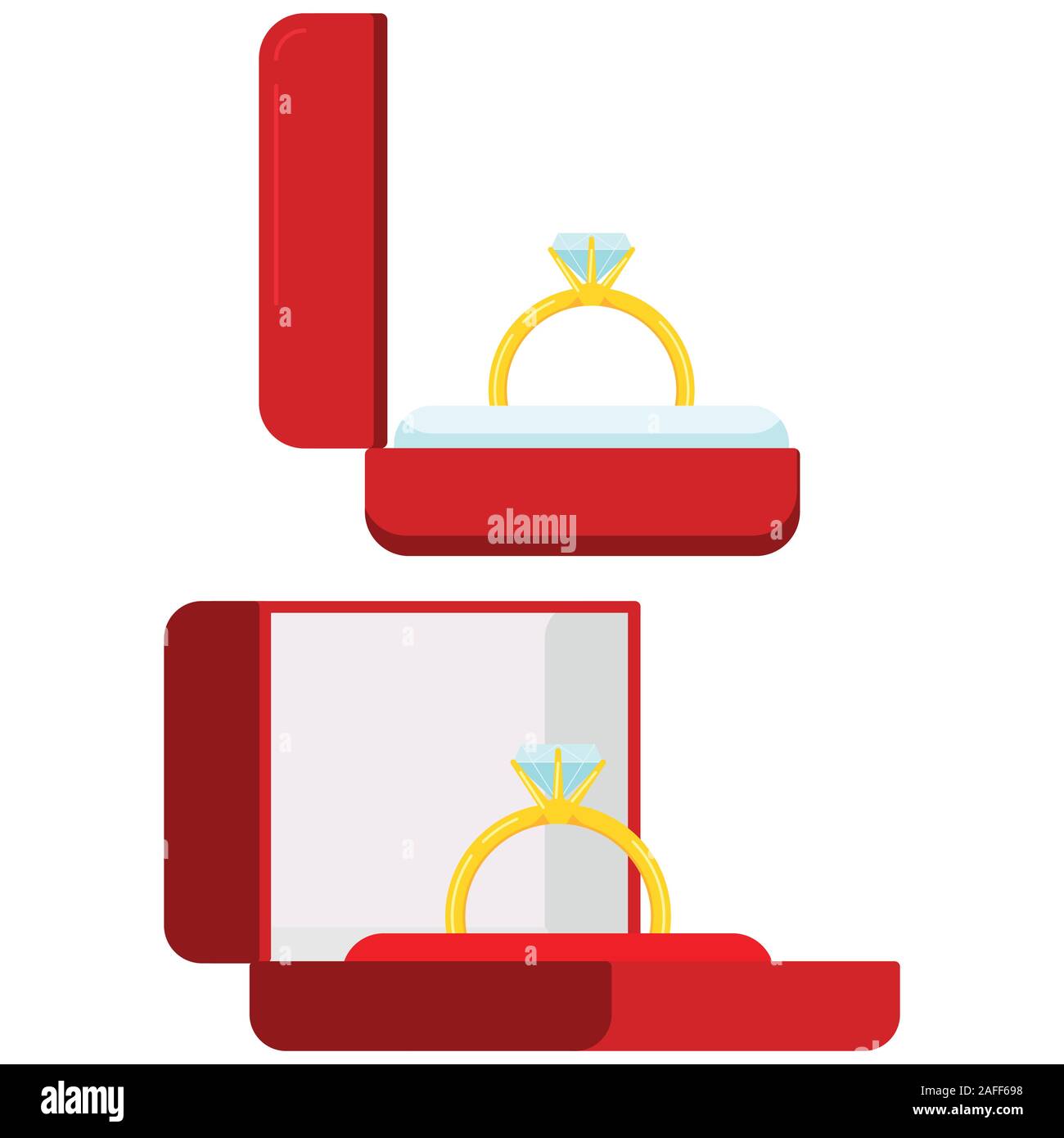 Engagement Golden Ring mit Diamanten in roter Geschenkbox auf weißem Hintergrund. Stock Vektor
