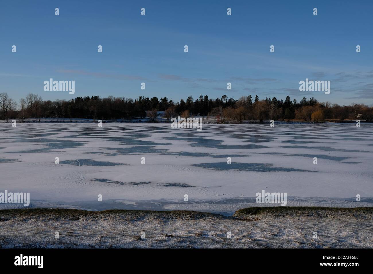 Helles Abstauben von Schneekanonen Muster auf einem zugefrorenen See mit einem Horizont von Bäumen in der Ferne - Dow's Lake, Ottawa, Ontario, Kanada. Stockfoto