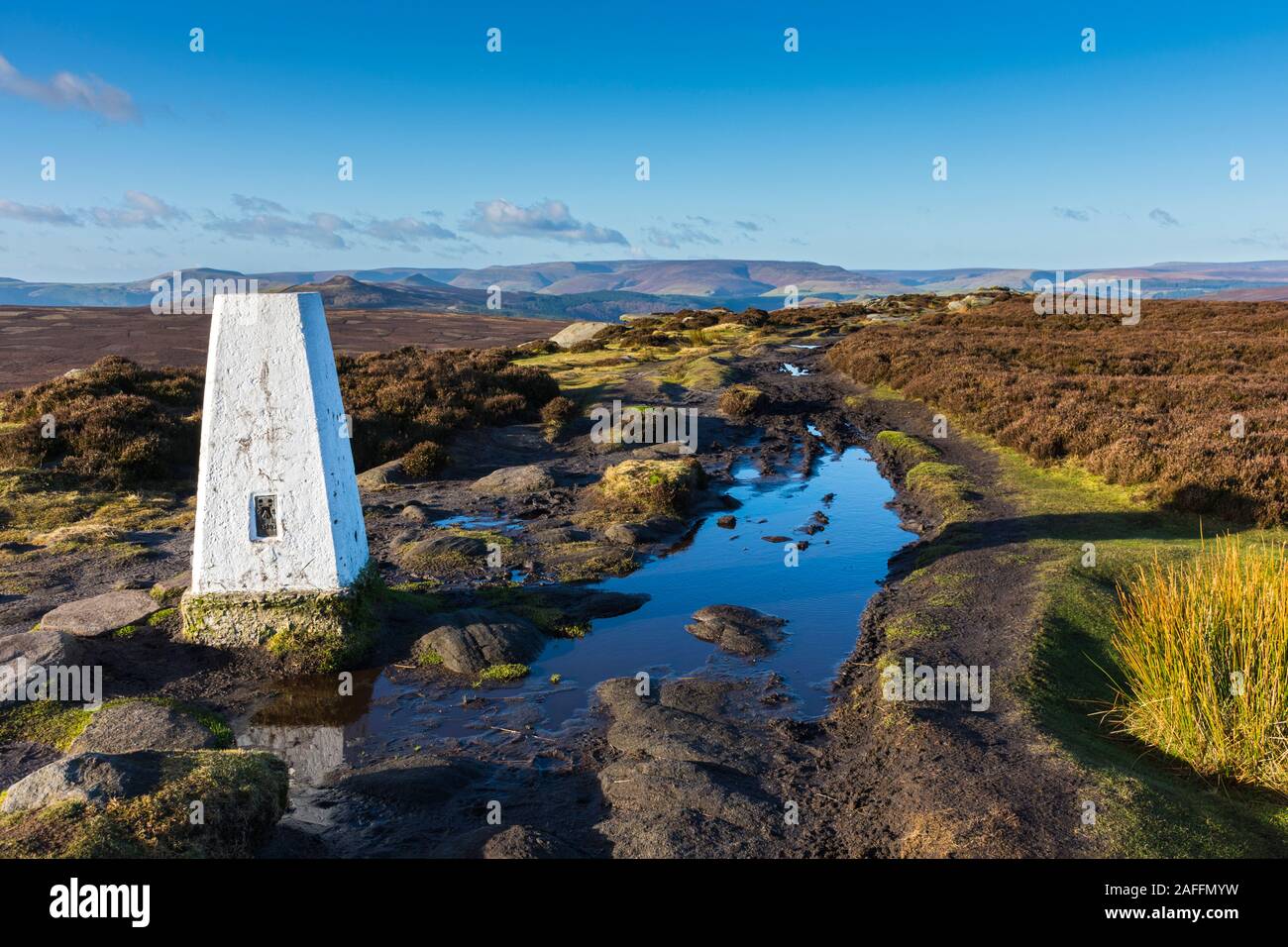 Die Kinder Scout Plateau, von hohen Neb, stanage Edge, in der Nähe von Hathersage, Peak District, Derbyshire, England, UK. Stockfoto