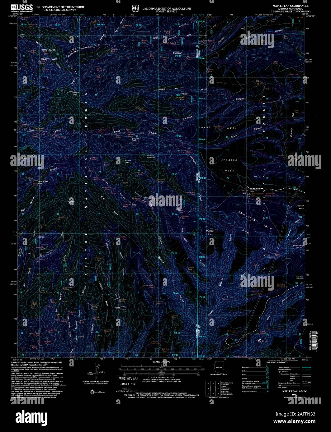 USGS TOPO Karte New York AZ Ahorn Peak 312221 1997 24000 invertiert Wiederherstellung Stockfoto