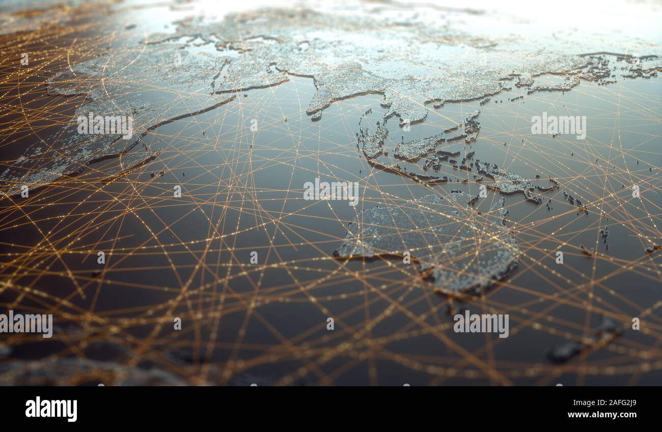 Globalisierten Welt, die Zukunft der digitalen Technologie. Verbindungen und Cloud Computing in der virtuellen Welt. Weltkarte mit Sat-Datenverbindungen. C Stockfoto