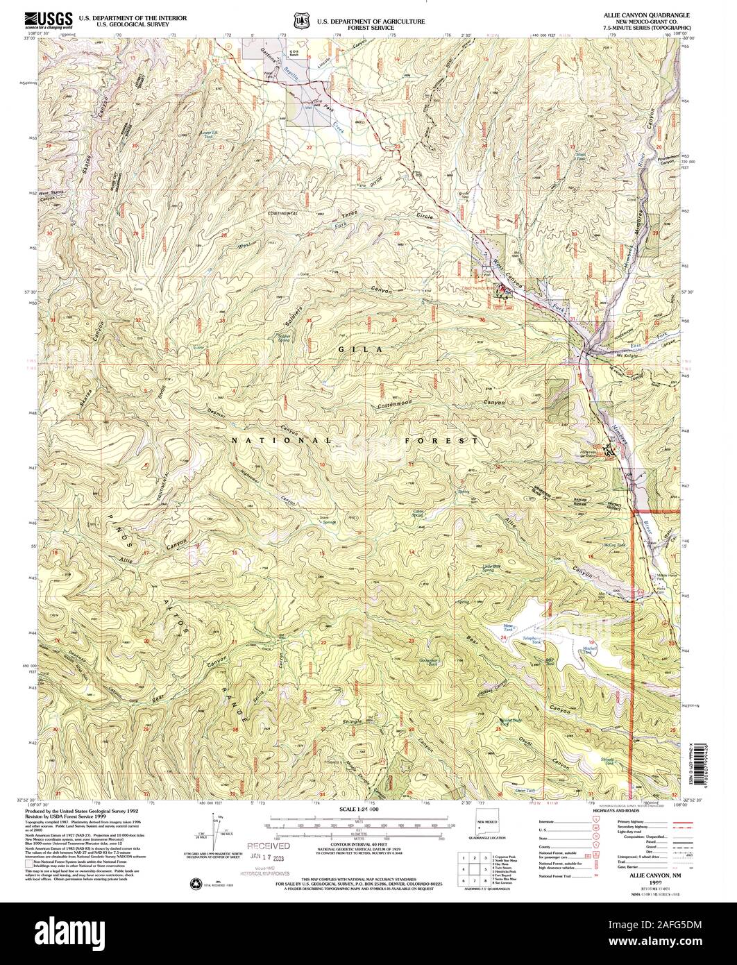 USGS TOPO Karte New York NM Allie Canyon 193706 1999 24000 Wiederherstellung Stockfoto