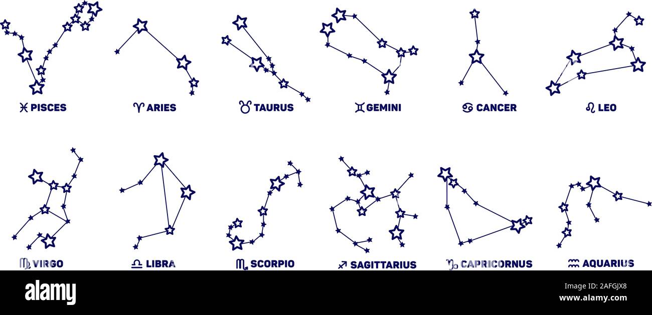 Vektor Einrichten von Sternzeichen, Sterne, Sternbilder blaue Farbe auf weißem Hintergrund, Facebook. Logo, Tattoo, Illustration. Astrologische Prognose Stock Vektor
