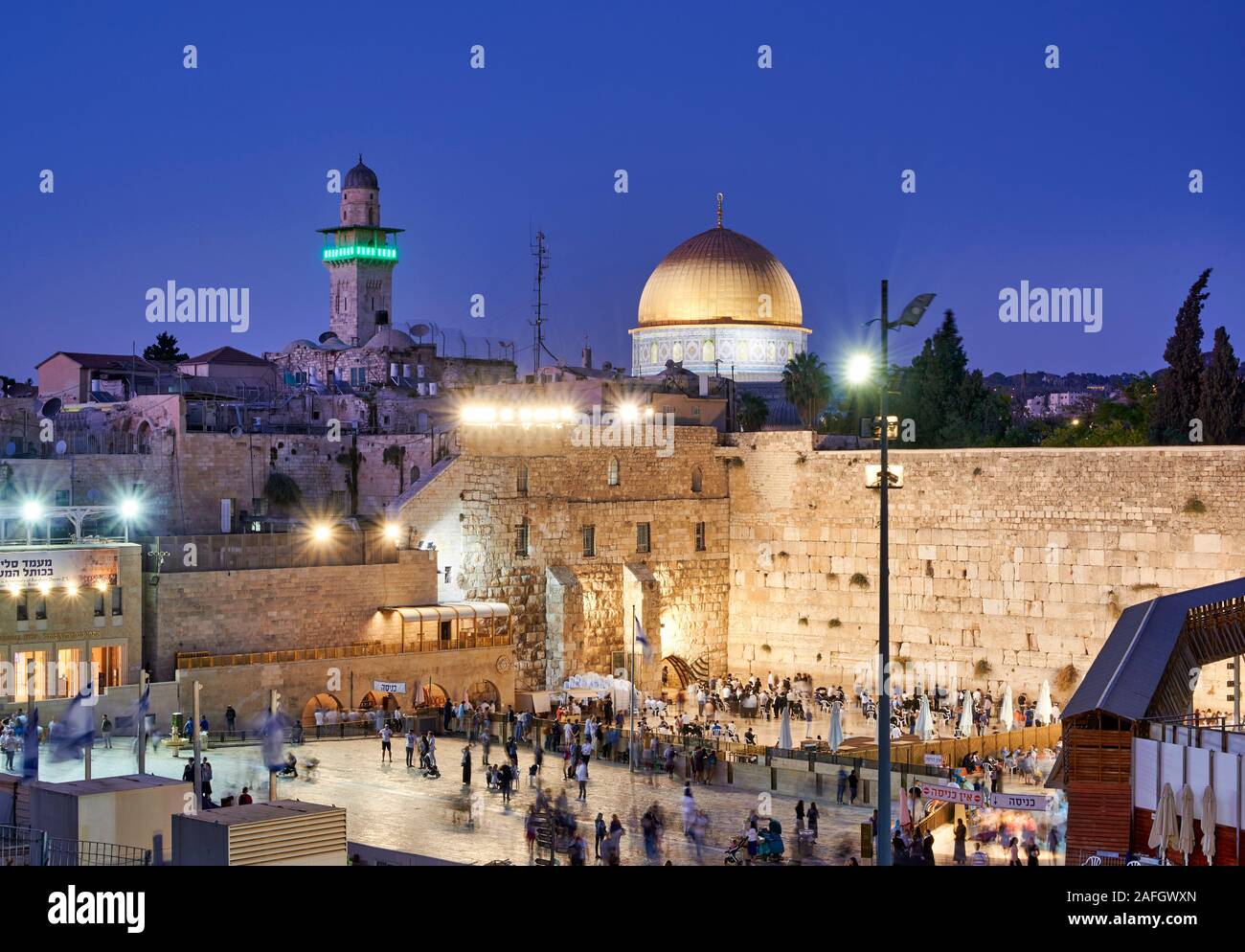 Jerusalem Israel. Felsendom, Tempelberg, und Klagemauer bei Sonnenuntergang Stockfoto