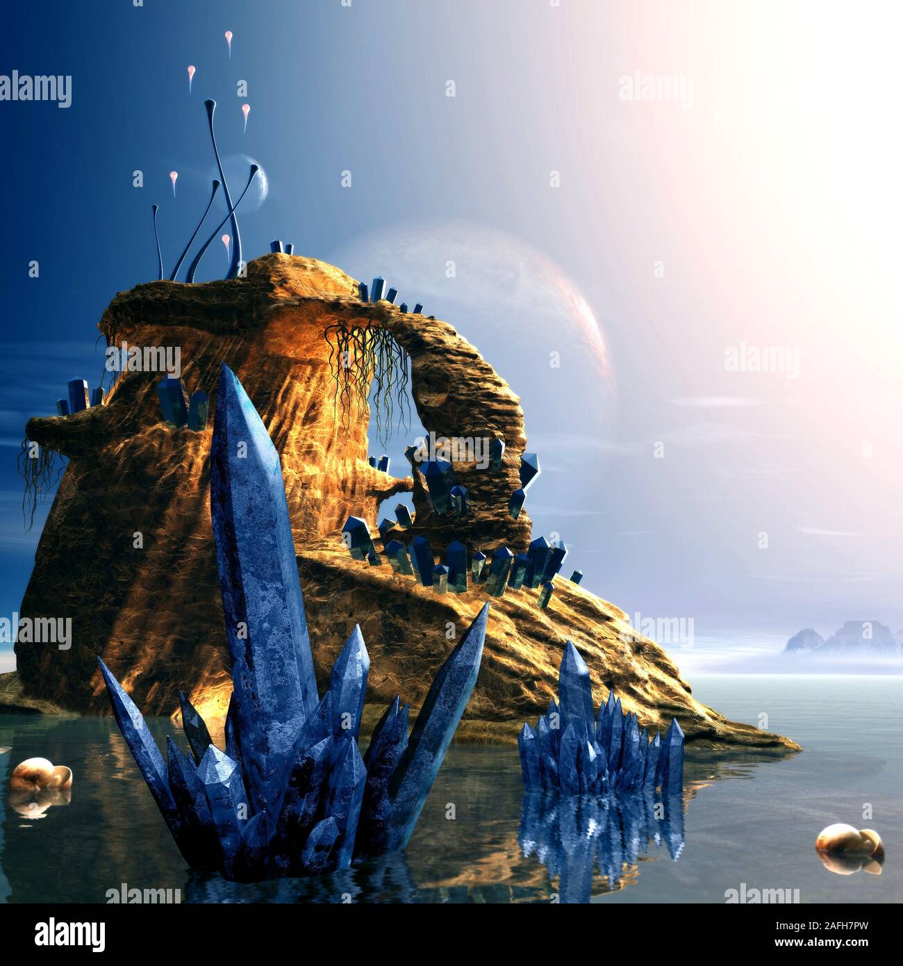 Schöne Konzept einer surrealen fremden Planeten von Crystal Lebensformen, Science Fiction, 3D-Render bewohnt Stockfoto