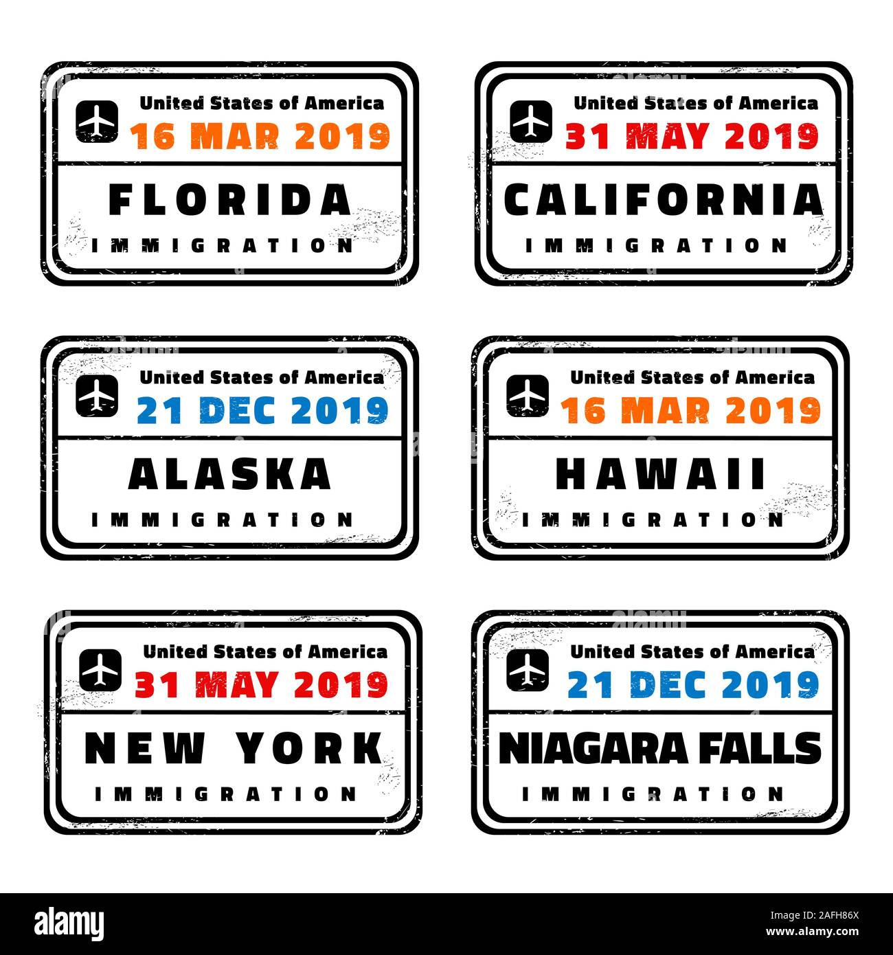 USA Vektor Reisepass Briefmarken Sammlung: Florida, Kalifornien, Alaska, Hawaii, New York und Niagara Falls. Stock Vektor