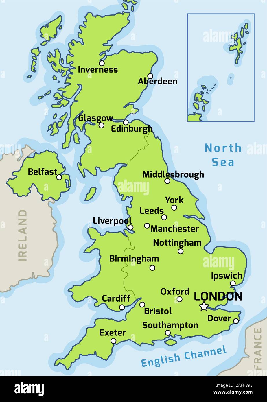 Großbritannien Karte Vektor - größere Städte auf der Karte von Großbritannien gekennzeichnet. Stock Vektor