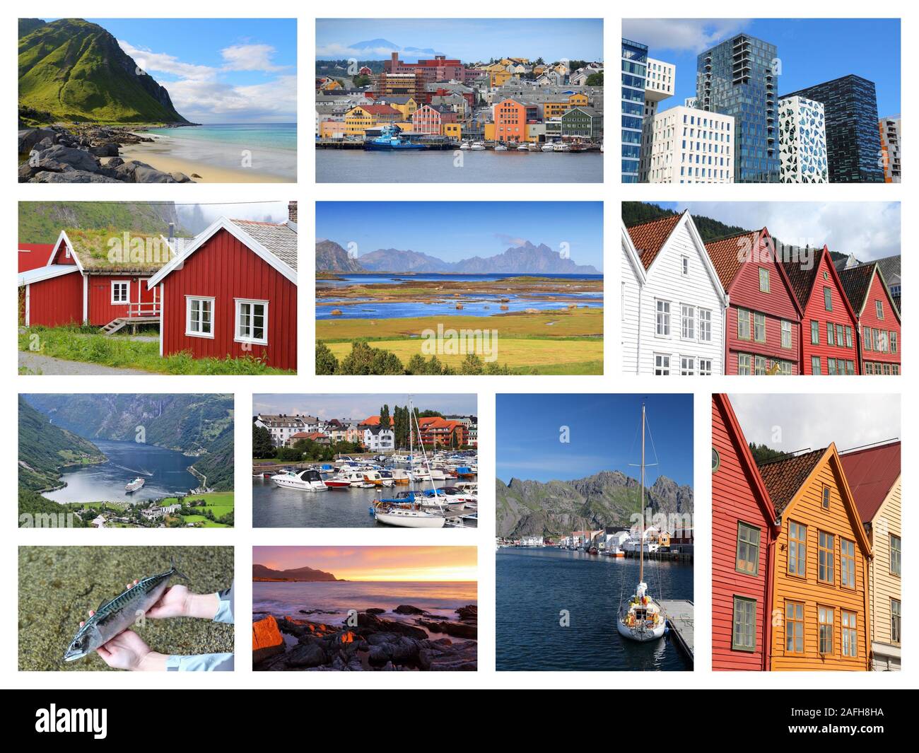 Norwegen collage Postkarte - Reise Bildersammlung mit Fjorde, Oslo, Bergen, Kristiansund und Lofoten. Stockfoto