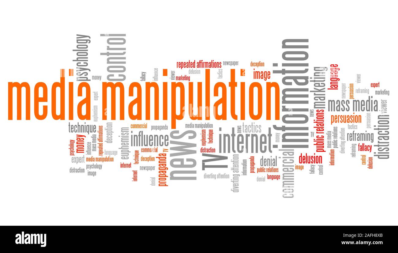 Medien manipulation Themen und Konzepte Wort cloud Abbildung. Wort collage Konzept. Stockfoto