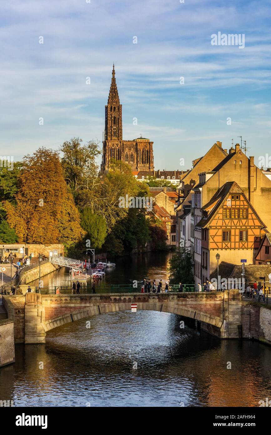 Straßburg iconic Stadtbild. Petite France historischen mittelalterlichen Viertel mit Ill und dem Dom im Hintergrund. Vertikale. Stockfoto