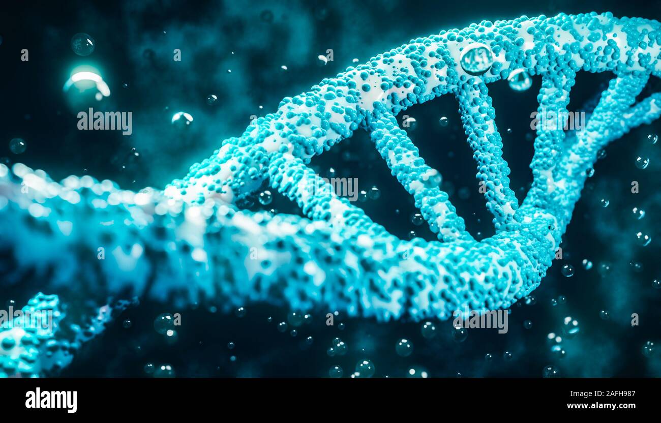 DNA-Stränge der Doppelhelix closeup in Flüssigkeit mit Blasen und Teilchen. Medizin, Biologie, Mikrobiologie, Genetik, 3D-Rendering Illustration mit flachen de Stockfoto