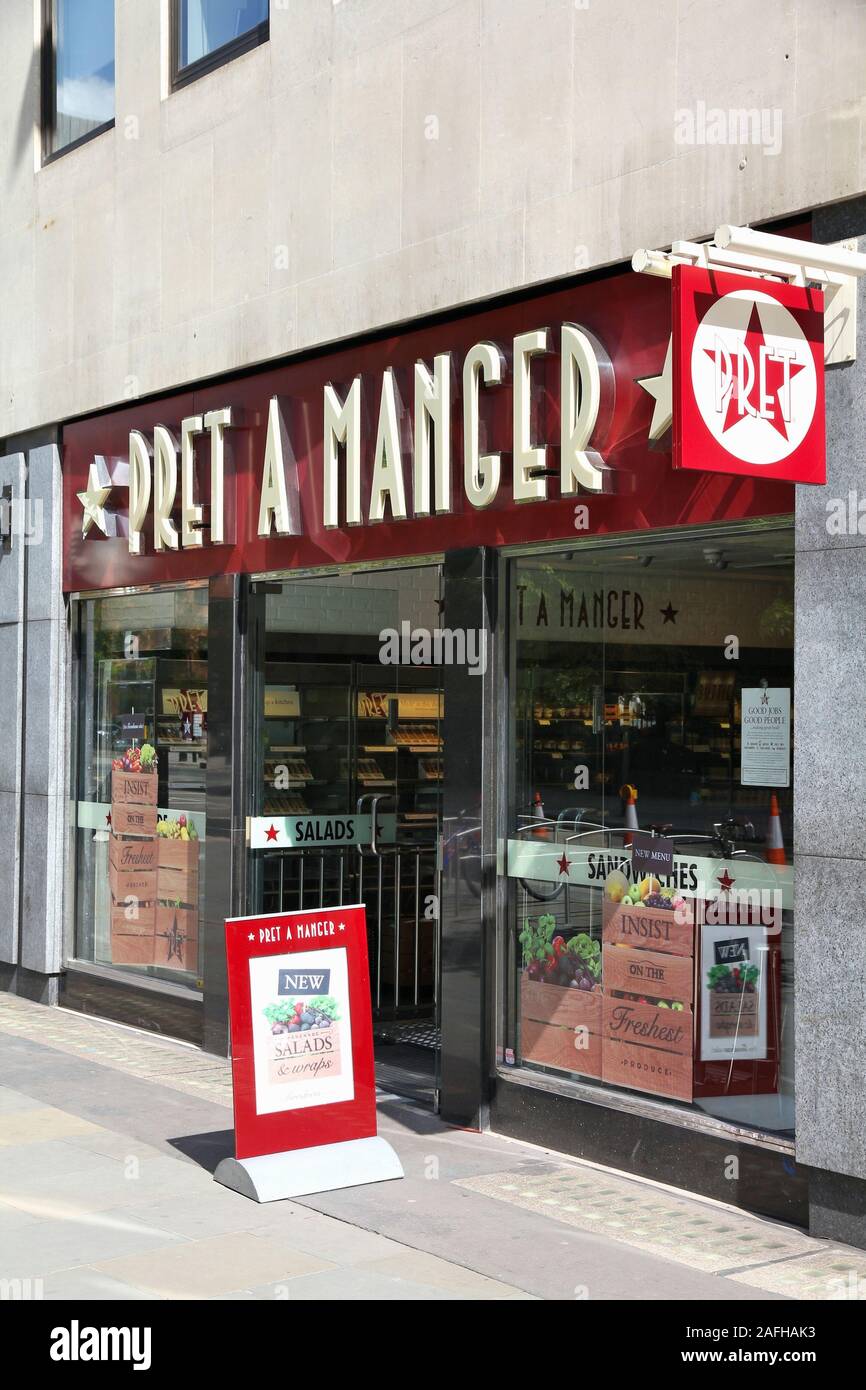 LONDON, UK, 13. MAI 2012: Pret a Manger Restaurant in London. Es ist eine britische Einzelhandelskette von Sandwich Shops. Sie haben 168 Stores in London und 295 Stockfoto