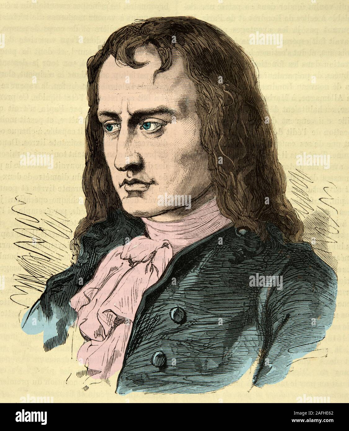 Gravur, Portrait von Denis Papin, ein französischer Physiker, Mathematiker und Erfinder für seine Arbeit über die Dampfmaschine Stockfoto