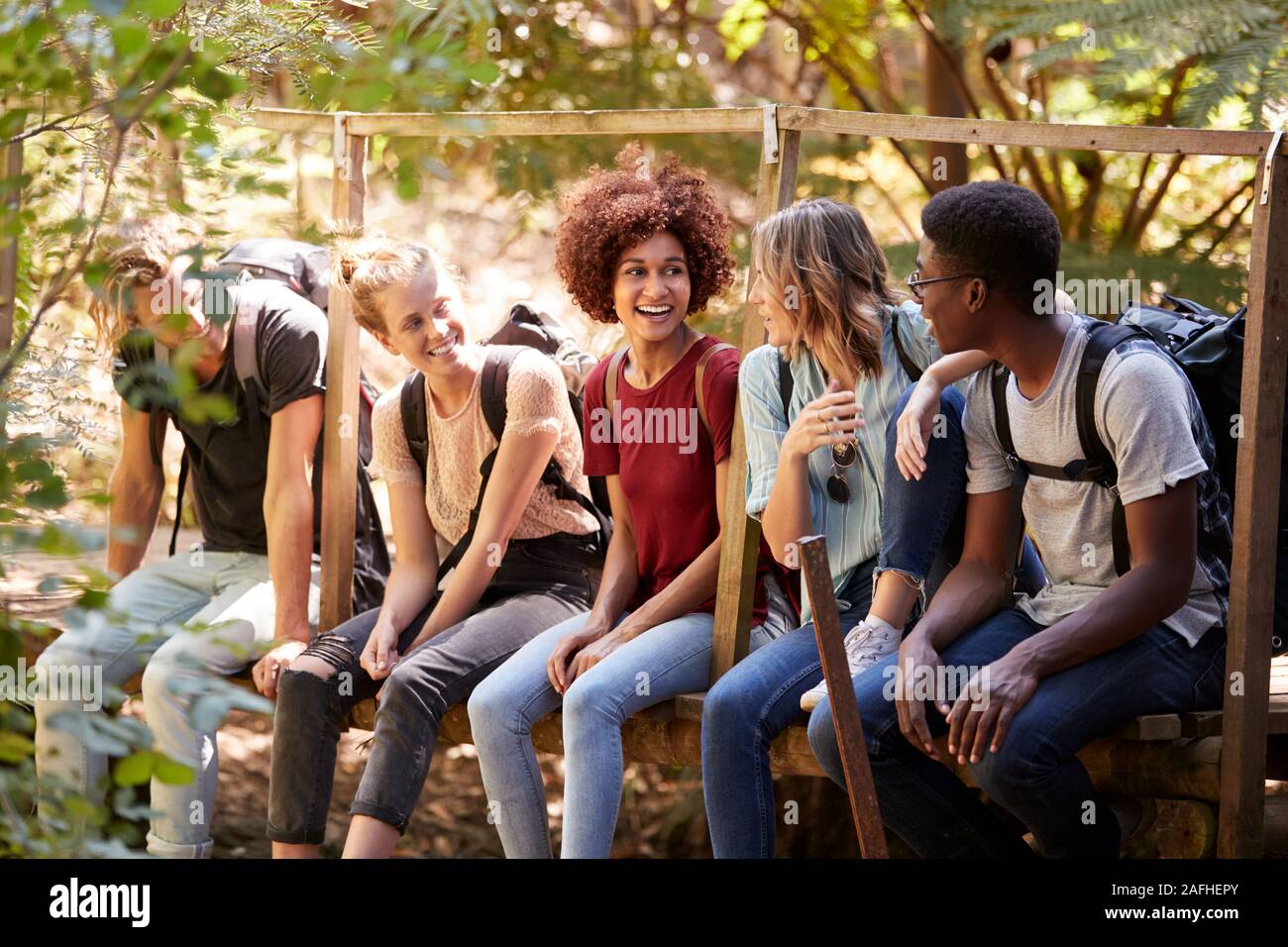 Fünf tausendjährigen Freunde sitzen auf einer Brücke in einem Wald sprechen während einer Wanderung, drei Viertel Länge Stockfoto