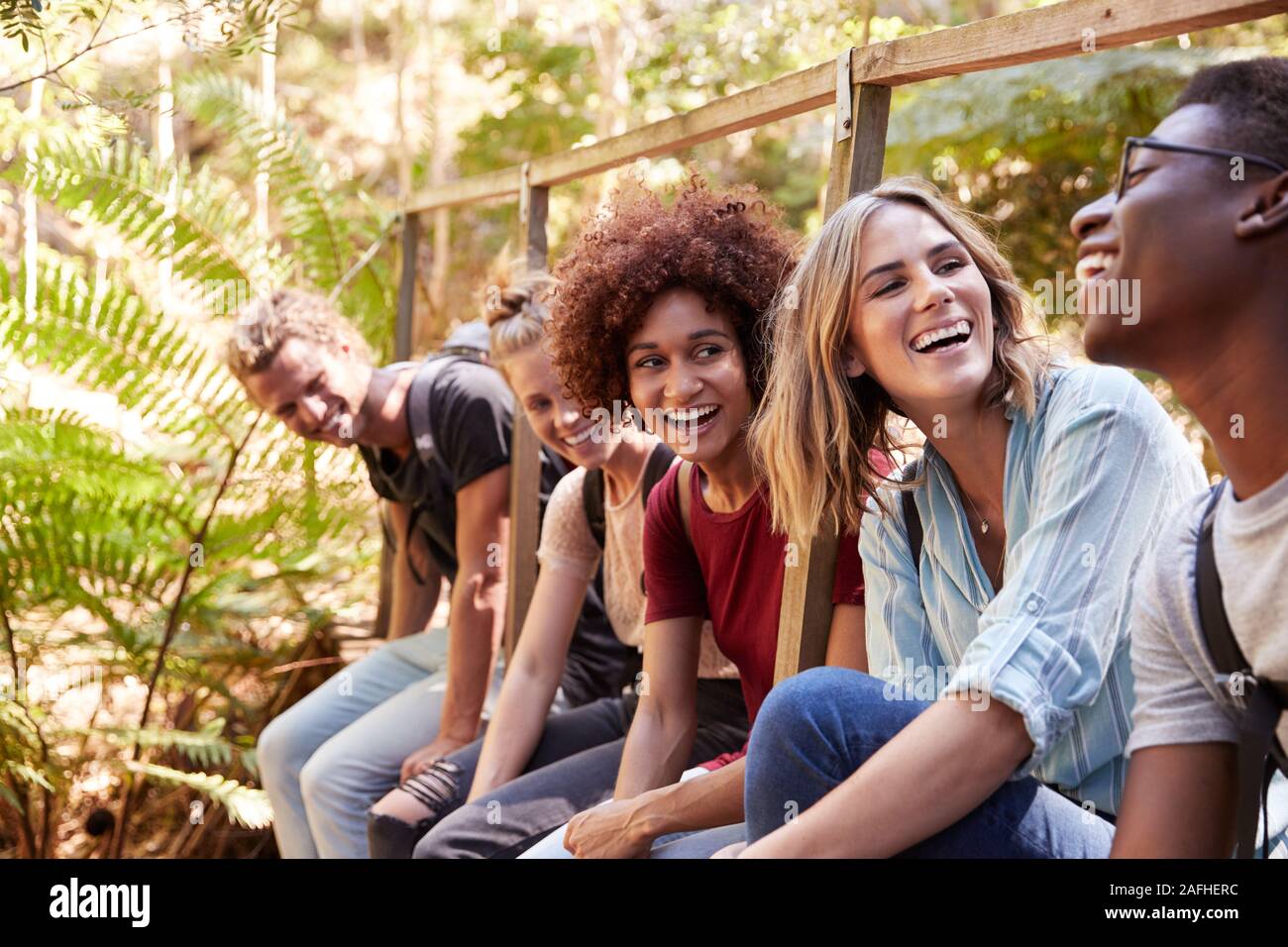 Fünf junge erwachsene Freunde zusammen in einem Wald bei einer Wanderung lachend sitzen, in der Nähe Stockfoto