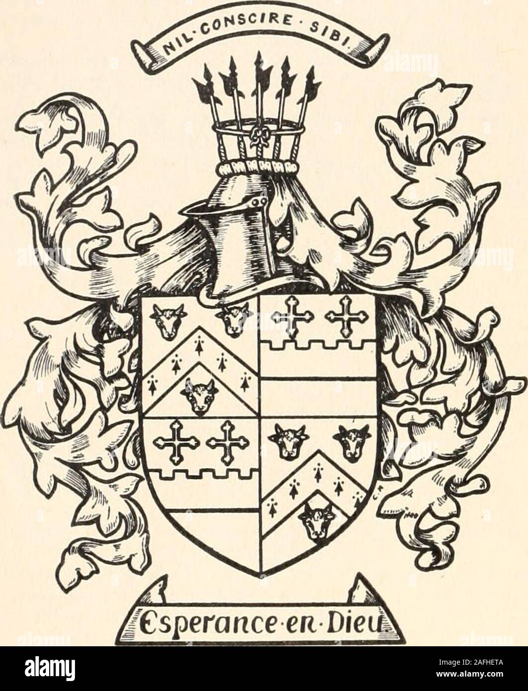 . Wappen Familien: ein Verzeichnis der Herren von Coat-Rüstung. 602, ursprünglich aufgenommen Vn. Berks. 1532); 2 und 3, argent, ein fesse Kampfbereiten und in Chief twocrosses botonn 6e Gules (Watson). Helmdecke gules und 256 15 III IBixl argent. Crest - Auf einen Kranz der Farben, fyve blackbills (so genannte von auntient Tyme), die Stangen, tyed theheads Sables in einem Bande (Stier). Mottos - Null conscire Sibi; Esp 6 Rance en Dieu. Sohn von Walter Henry Bullock, Gentleman, d. 1861; d. ; M. 1882, Caroline Elizabeth, eld. d. von John Augustus Shiel Bouverie, Esq., J.P., der Delapr 6 Abbey, Northants.:-Hen Stockfoto