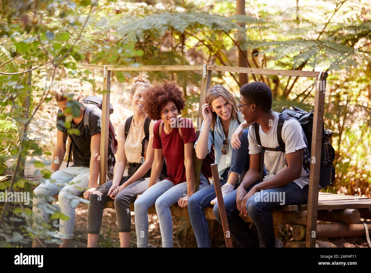 Fünf tausendjährigen Freunde sitzen auf einer Brücke in einem Wald sprechen während einer Wanderung, drei Viertel Länge Stockfoto