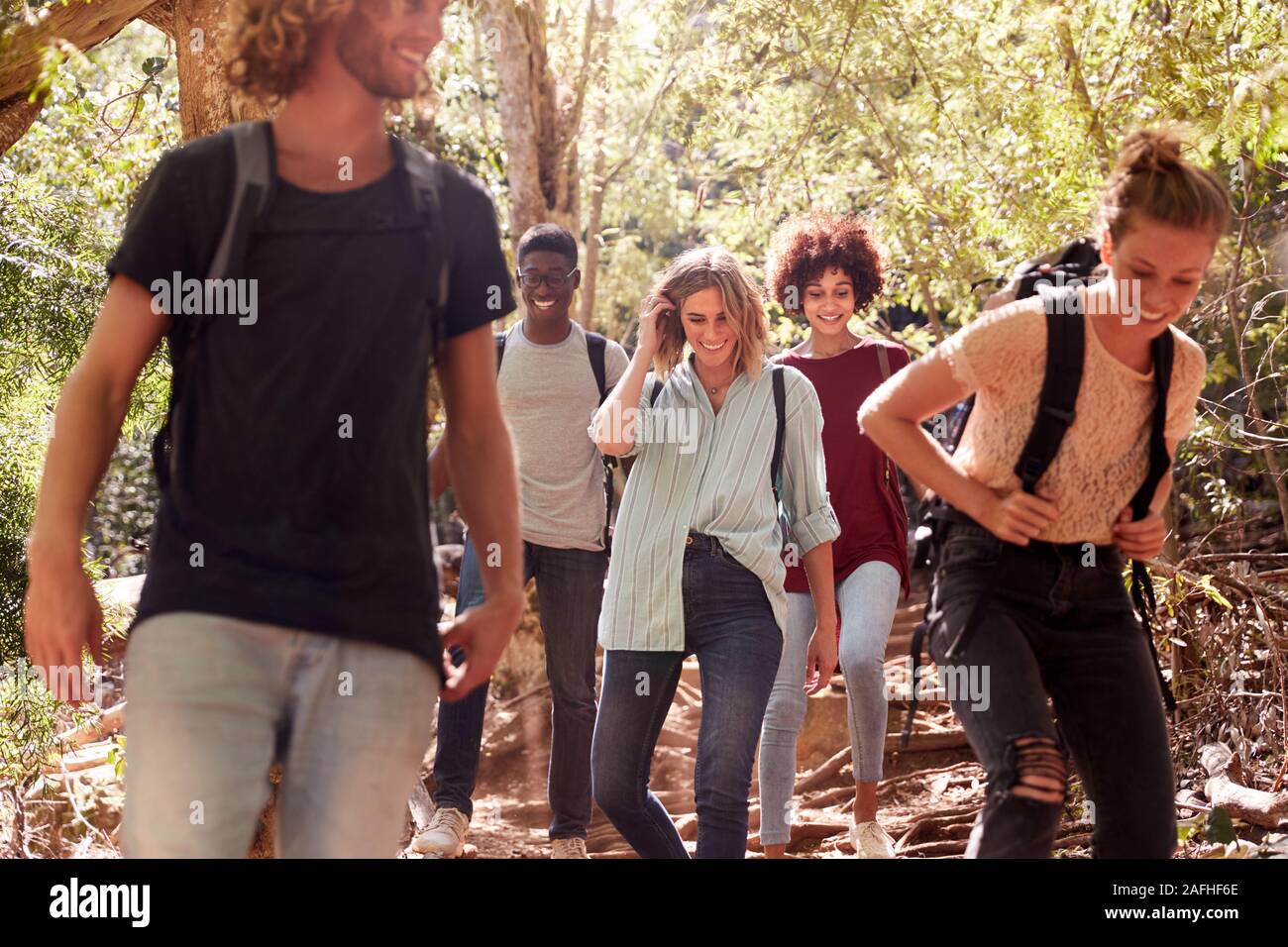 Tausendjährige Freunde gemeinsam wandern bergab auf einem Forstweg, drei Viertel Länge Stockfoto