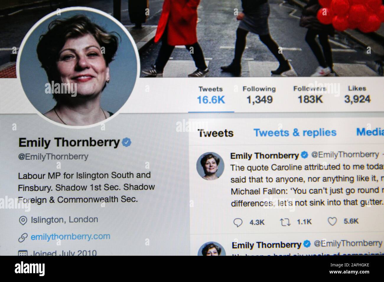 Twitter konto von Emily Thornberry - Mitglied des Europäischen Parlaments für Islington Süden und Finsbury. Stockfoto