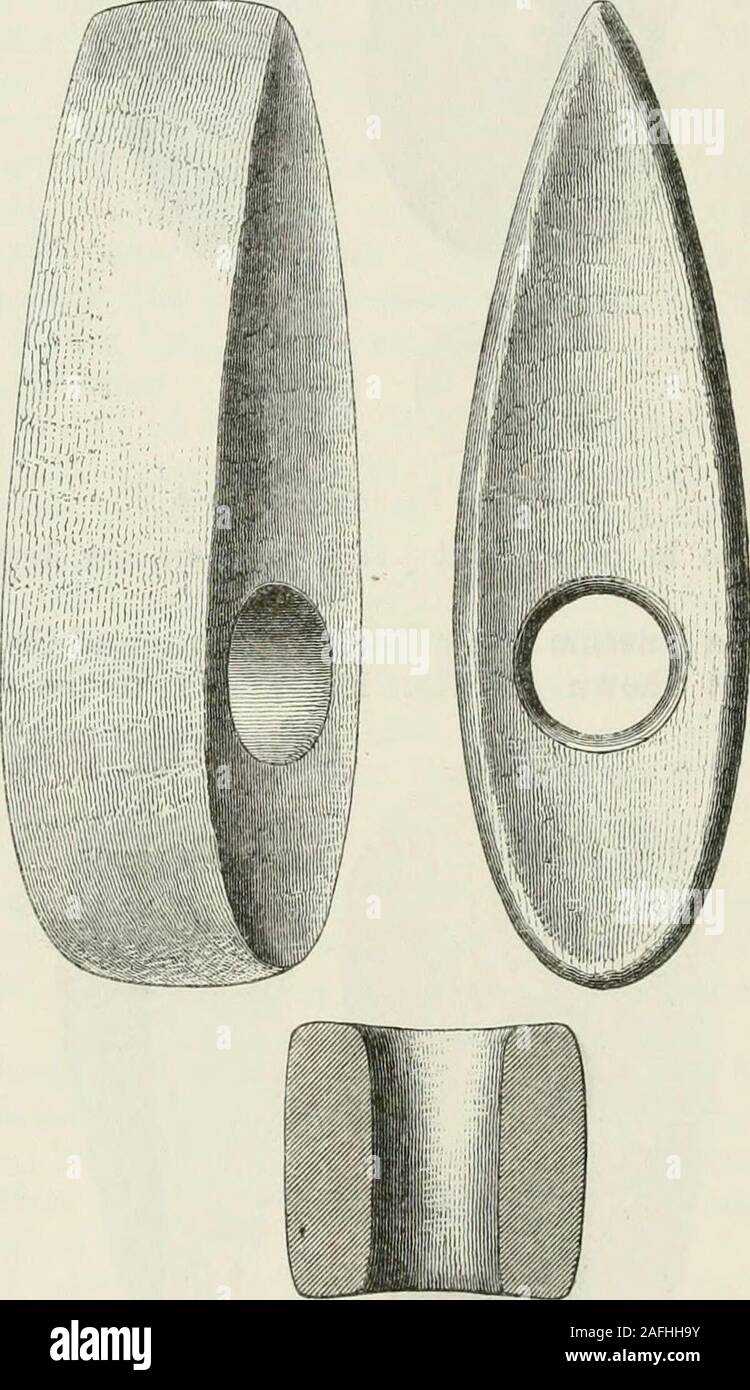 . Die alte steinerne Werkzeuge, Waffen und Schmuck, von Großbritannien. Abb. 124.- Stourton. Muster gehören zu dieser Klasse. Es ist von Greenstone gebildet, portionsof die natürliche Verbindungen, von denen sind immer noch auf der Oberfläche sichtbar. Es scheint 172 perforierte Achsen. [Kap. Viii in Form, indem Sie anstatt zu schleifen gearbeitet haben; aber das Loch erscheint, aus dem Charakter der Oberfläche, beenground zu haben. Sei es durch den Stein fortgesetzt worden, Es wouhl probablyhave erheblich im Durchmesser vergrößert worden, und wenn ja, die implementwould haben viel um das Loch geschwächt. Es scheint, p Stockfoto