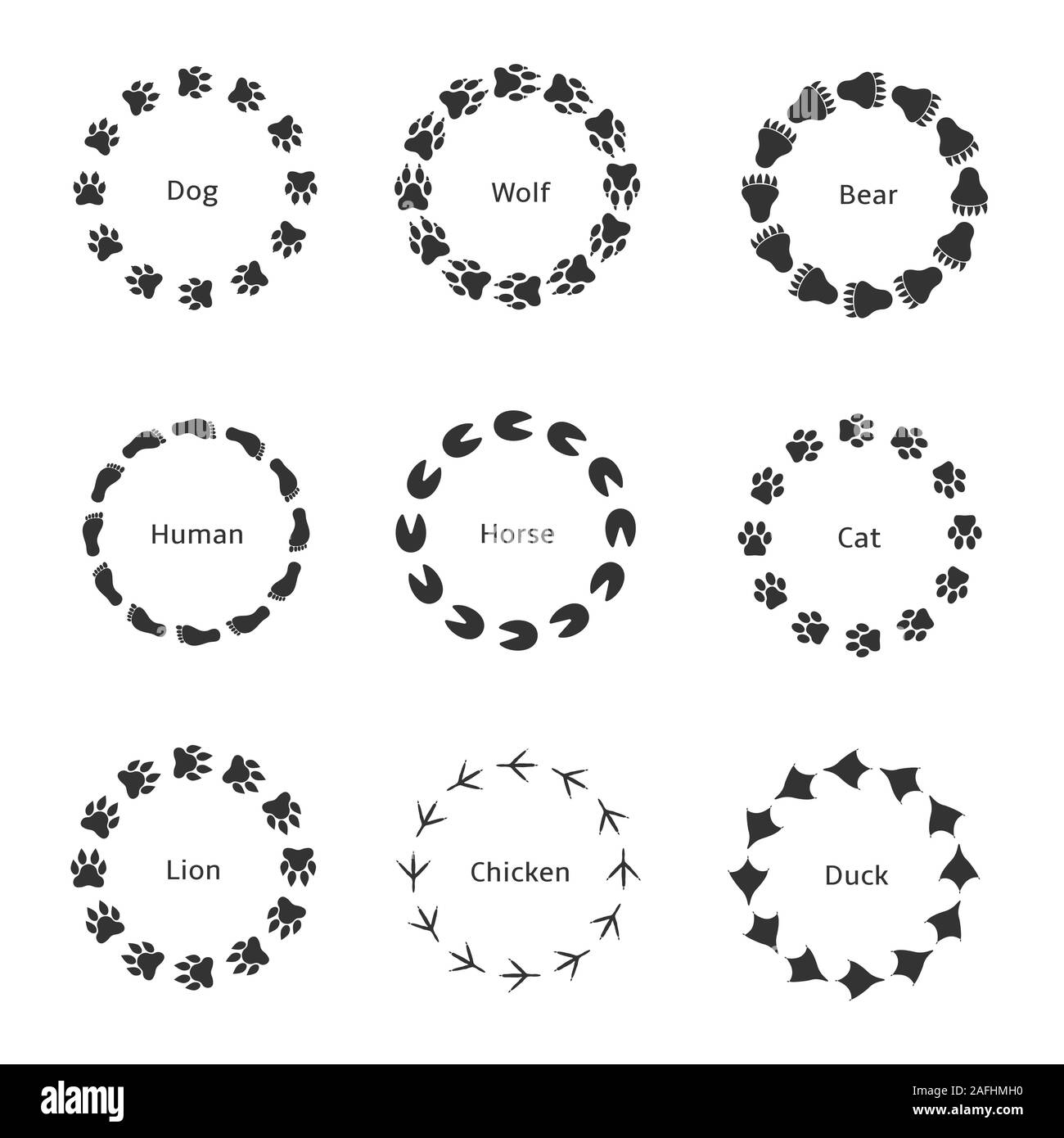Paw Symbol "Drucken". Hund, Wolf, Bär menschlichen Pferd Katze Löwe Huhn ente Drucke Stock Vektor