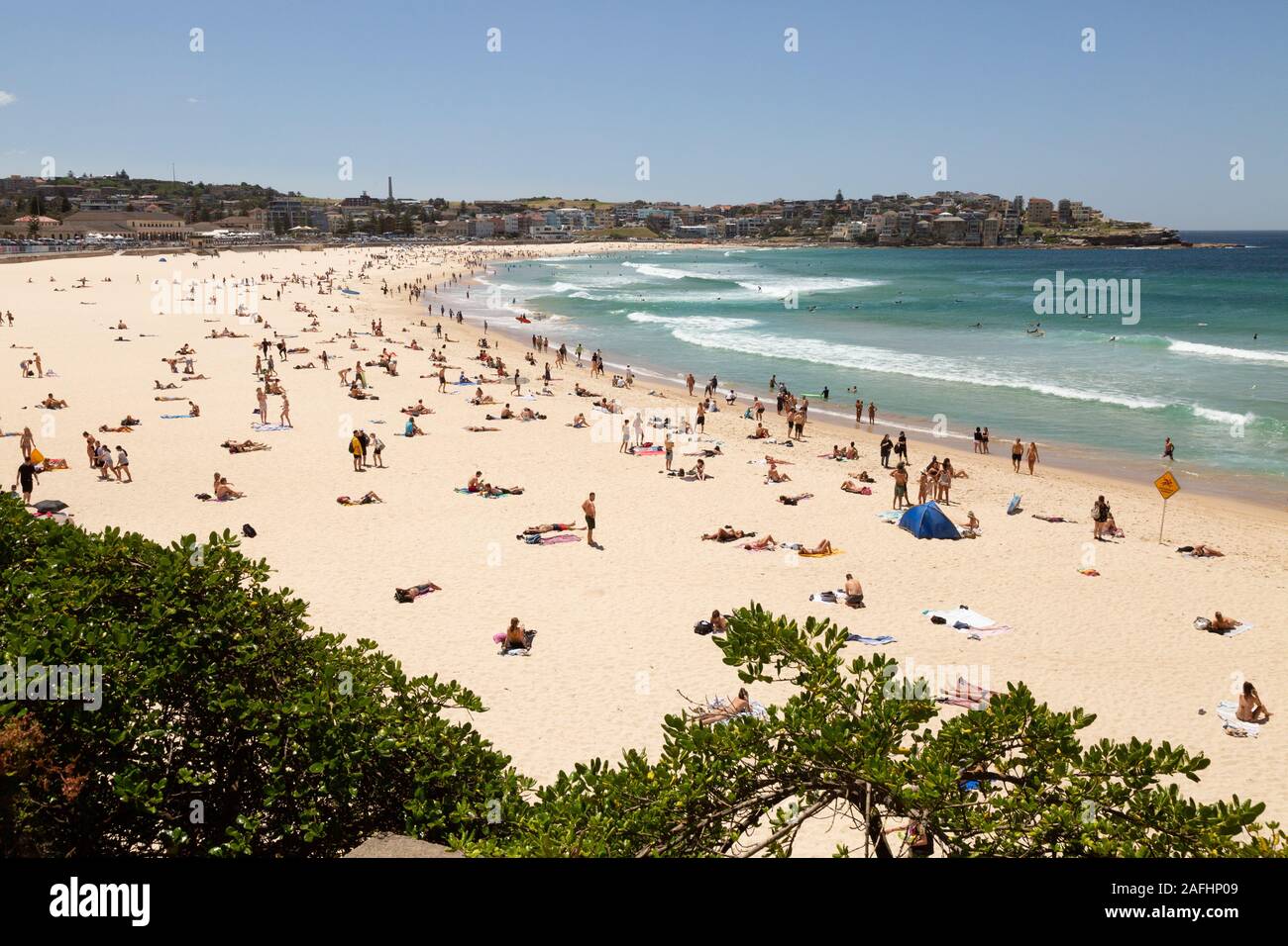 Menschen, die im Sommer die Sonne am Bondi Beach, Sydney, New South Wales, Australien genießen Stockfoto