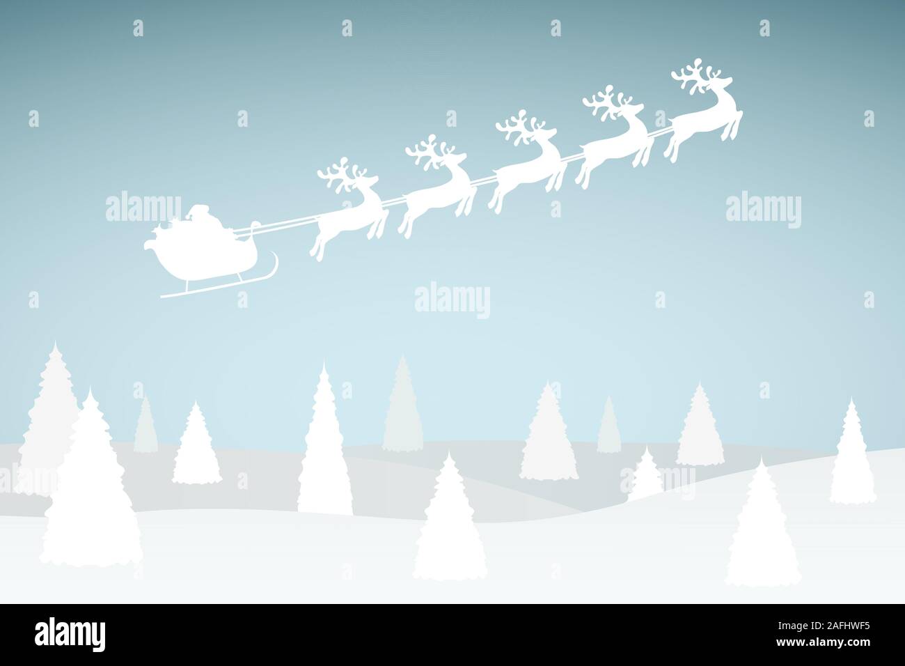 Santa Claus ist Fliegen mit einem Rentier Team im Wald mit Weihnachtsbäumen Stock Vektor