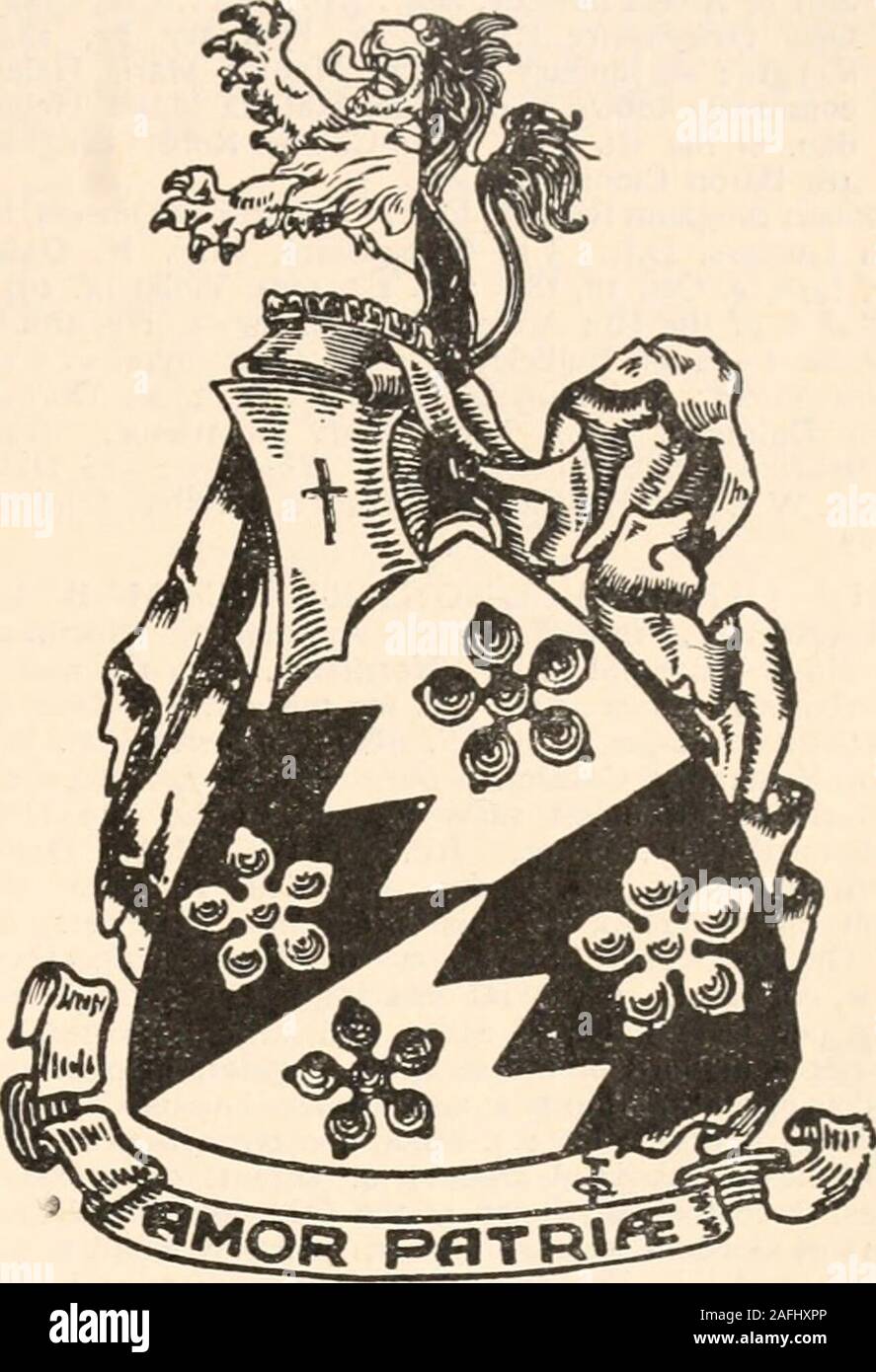 . Wappen Familien: ein Verzeichnis der Herren von Coat-Rüstung. Motto - Amor patriae. Söhne von Brooke Brasier, Gentleman, b. 1849; d. 1918; m. Clarissa Massy: - Brooke Wellington Brasier, Esq., Co Cork, b. 1879 ICH tn. 1898, Lady Charlotte (d. 1913), d. Der 5. Earl of Mount Cashel. Res.-shanagarry Haus, Shanagarry, Co.Cork. Pfr. Oswald Henry Brasier, M.A., T.C.D., b. 1890; Tn. 1928, Konstanz, yngst. d. der späten FerderickAlcock, F.R.G.S. Res. - 11 Lancaster Gate, HydePark, W. 2. Ältester Sohn von William Brasier-Creagh, Gentleman, b. 1826; d. 1866; m. 1862, Isabella Anne Caroline, d. von Thomas Hung Stockfoto