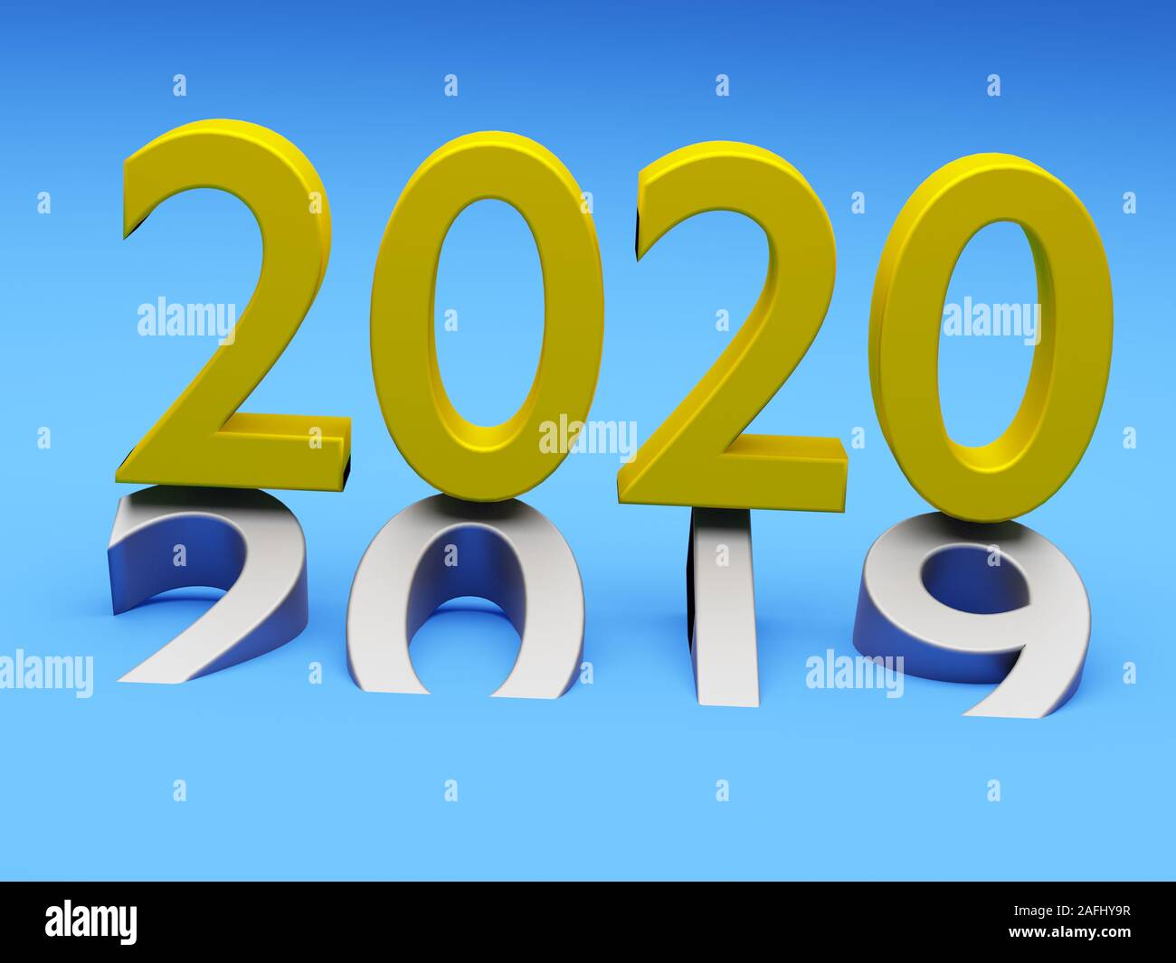 Zahl der Neuen Jahr 2020 Über die grauen alten 19 auf blauem Hintergrund. 3D-Rendering Stockfoto