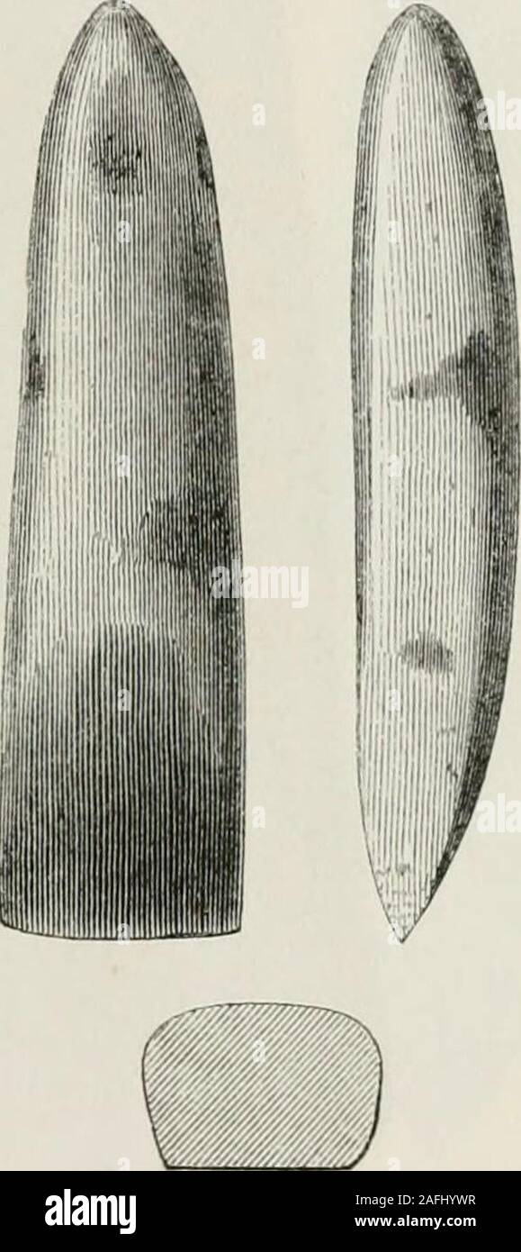 . Die alte steinerne Werkzeuge, Waffen und Schmuck, von Großbritannien. Abb. 65.- Scamridge Deiche, Yurksliire. - J Abb. 66.- WliiLwell, Yorkshire. Die ersten Muster eingraviert. Abb. 67, ist in meiner eigenen Sammlung, andwas in der Themse in London gefunden. Es ist der dunklen Greenstone, und infolge eines Mangels der Stein von dem es gemacht wurde, gibt Es ahollow Ort in einem der Gesichter. Oberst A. Lane Fox, F. S.A., hat Liquidar aber mehr symmetrische celt, aus dem gleichen Material, auch gefunden in der Themse. Ein kleinerer, aus der gleichen Quelle, ist im BritishMuseum; der andere ist in der Sammlung von t Stockfoto